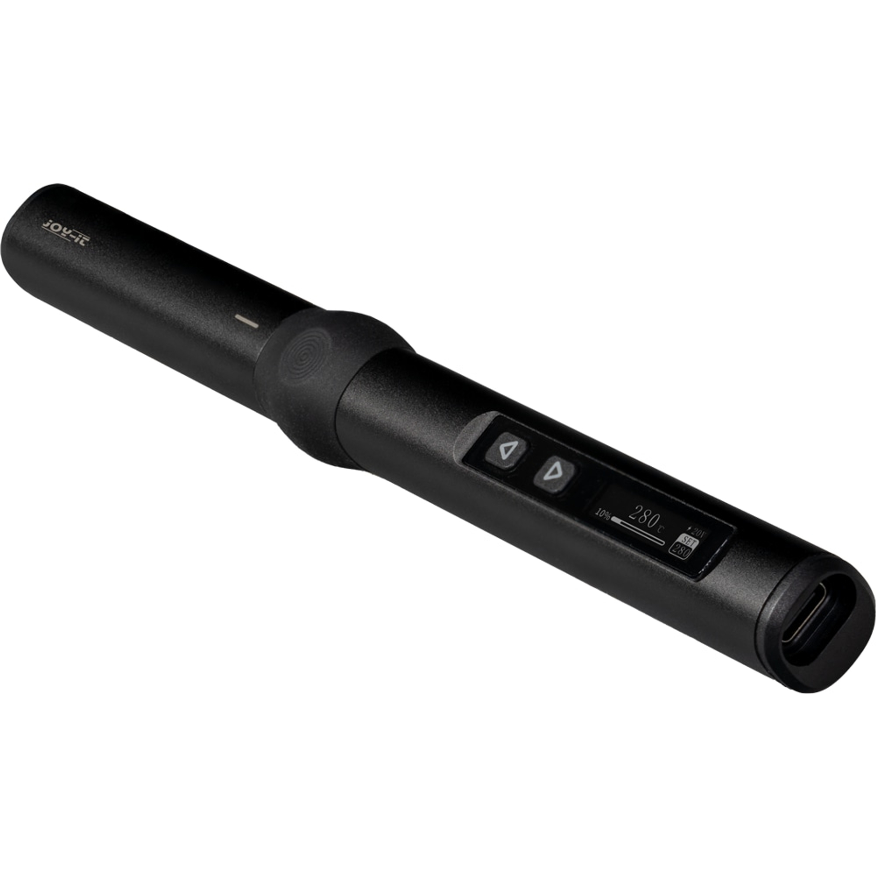 Saldatore nero e sottile portatile con display, pulsanti e porta USB-C.