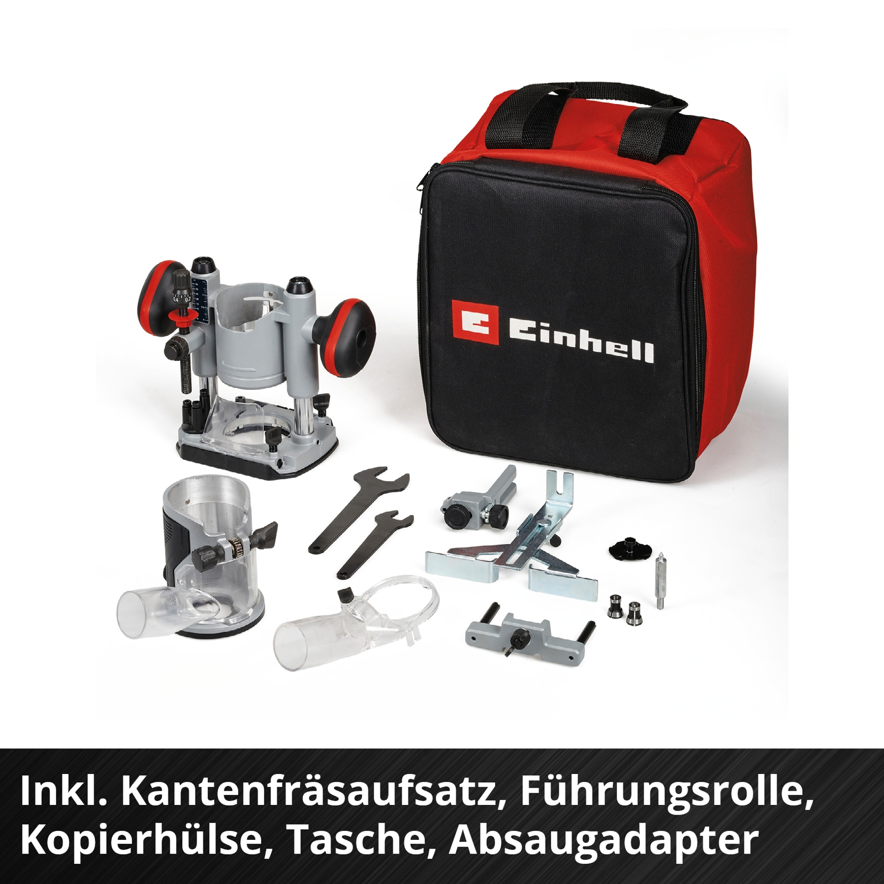Fresatrice Einhell, accessori e borsa su sfondo bianco.
