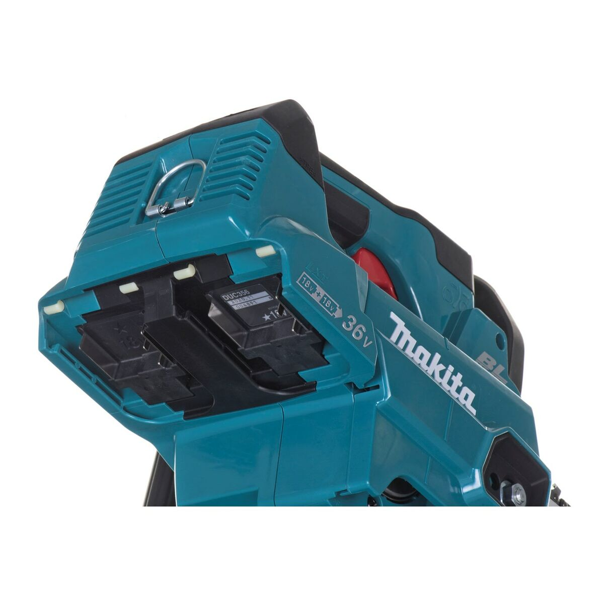 Türkise Makita Kettensäge mit zwei Batterieanschlüssen, 36V.