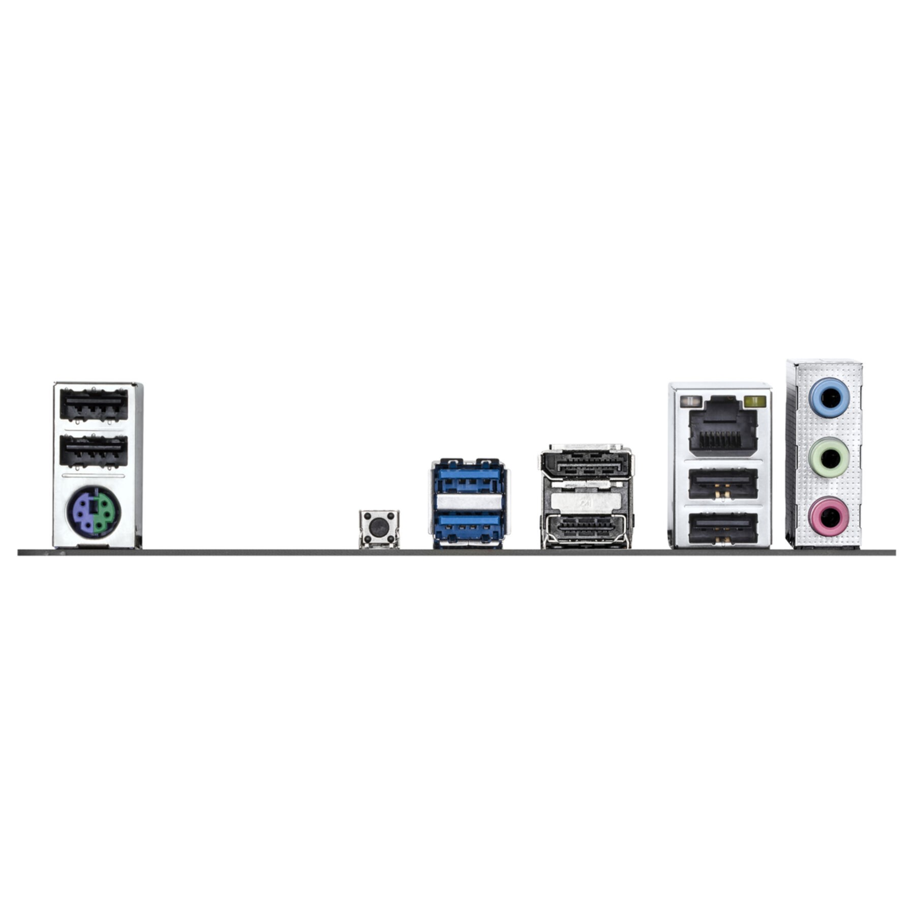 Une rangée de ports d'ordinateur : USB, Ethernet, prises audio et PS/2.