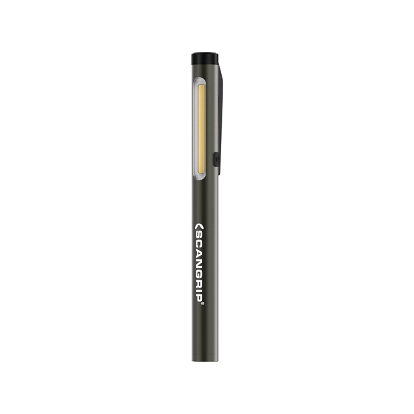 Penna grigio scuro con striscia LED e cappuccio nero. Logo SCANGRIP.