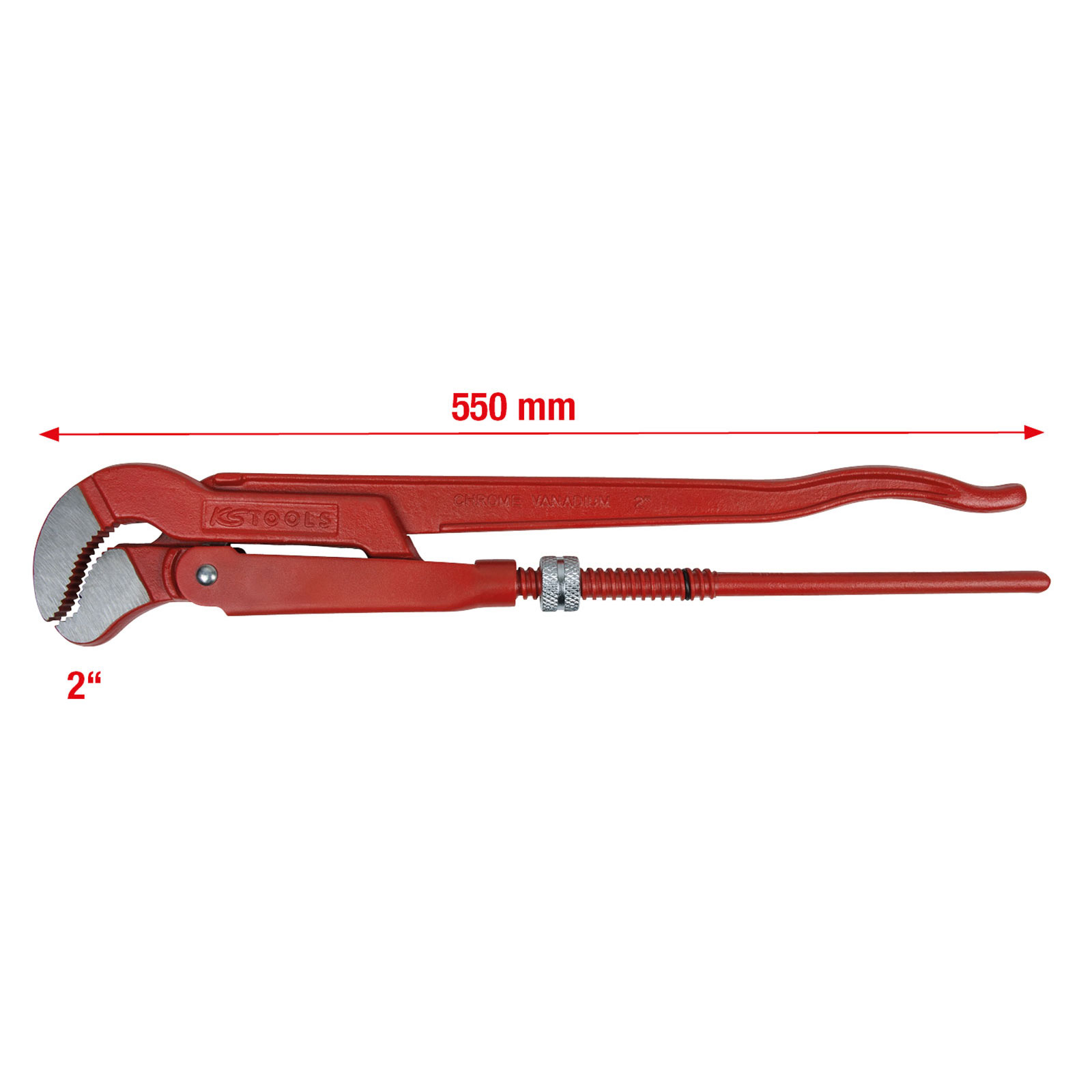 Roter Rohrzange, 550 mm lang, 2 Zoll Greifkapazität.
