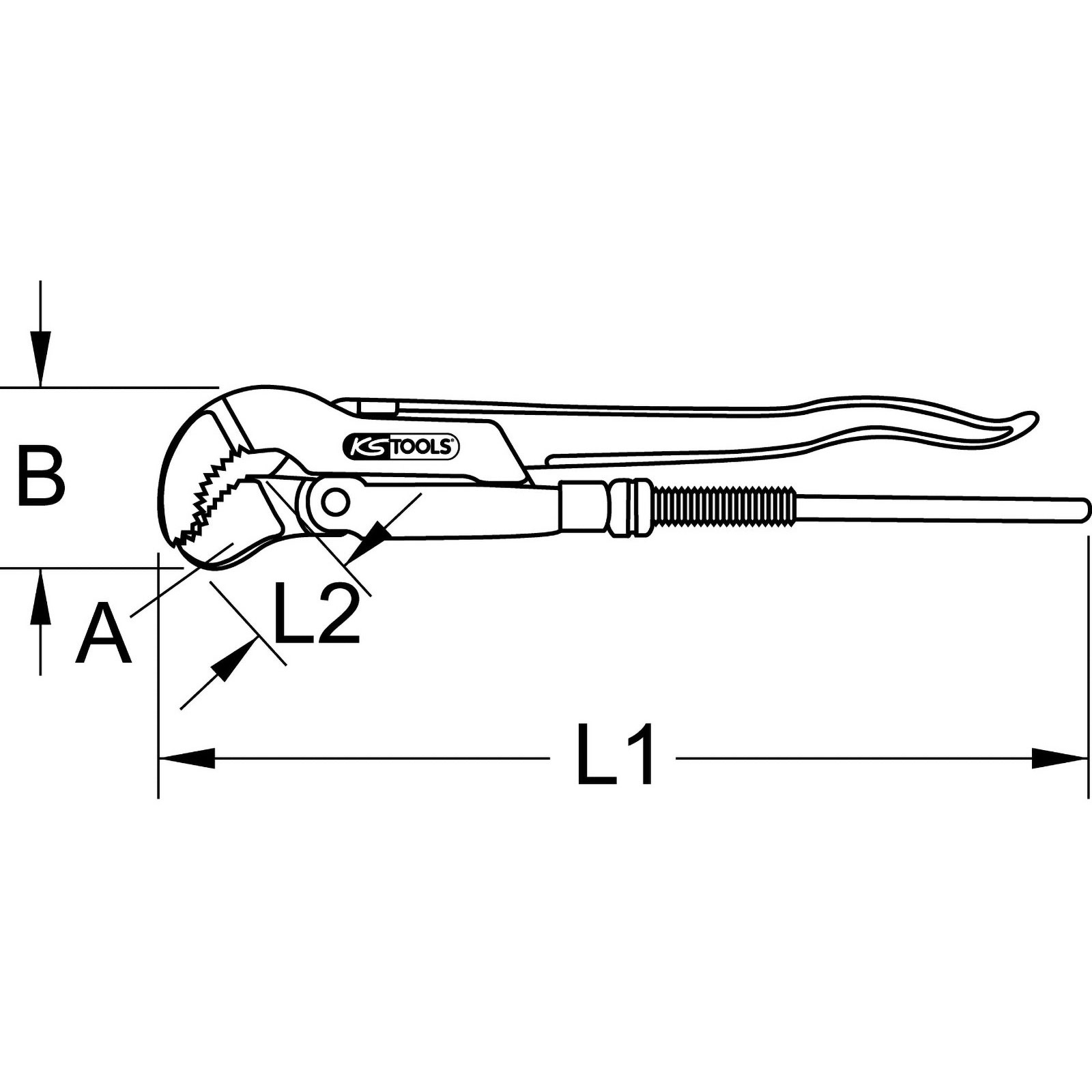 Technische Zeichnung einer Rohrzange mit Maßen A, B, L1 und L2.