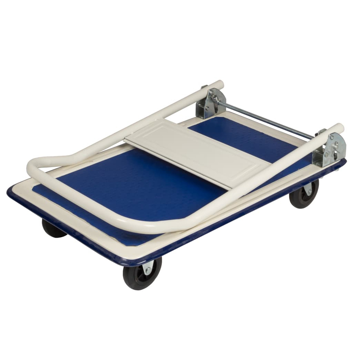 Ein blauer und weißer Klappwagen mit vier schwarzen Rädern und einem Metallgriff.