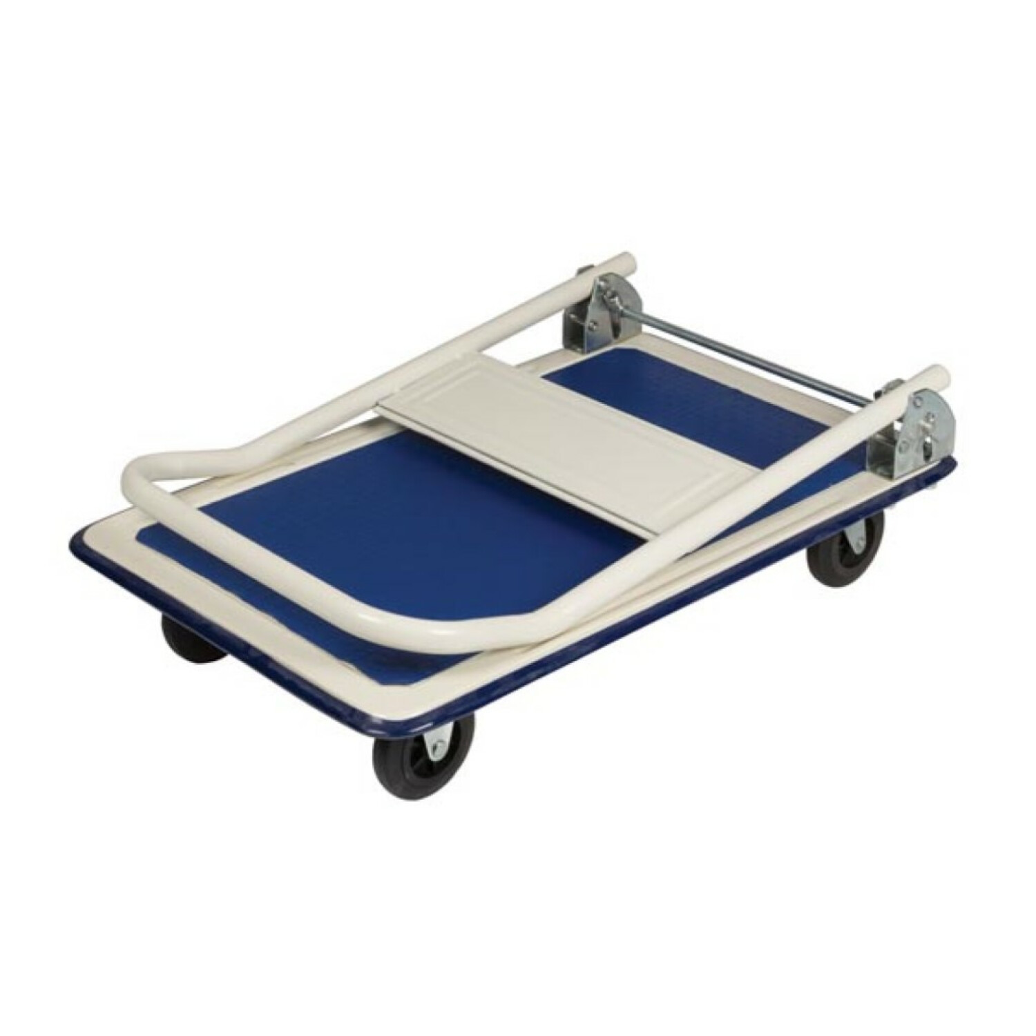 Ein zusammenklappbarer Handwagen mit blauem Boden und weißen Griffen.