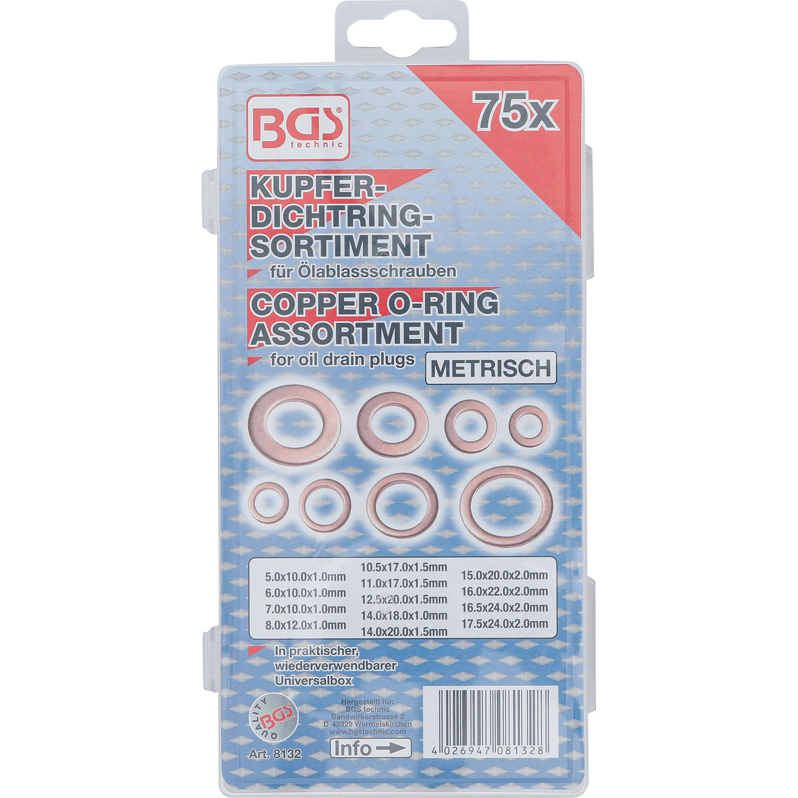 Confezione da 75 O-ring in rame per tappi di scarico olio, varie misure.