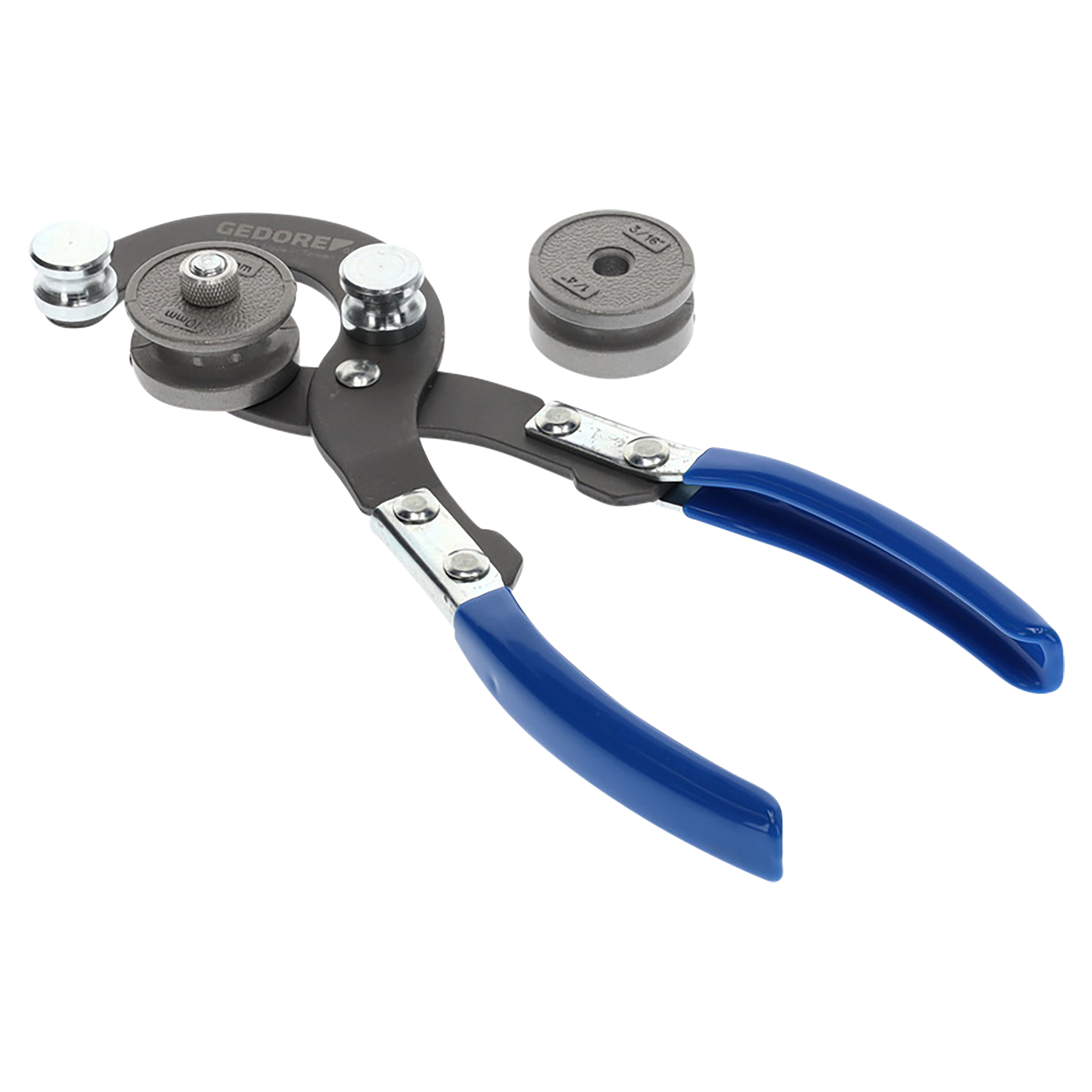 Ein Rohrbieger mit blauen Griffen und grauen Rollen.