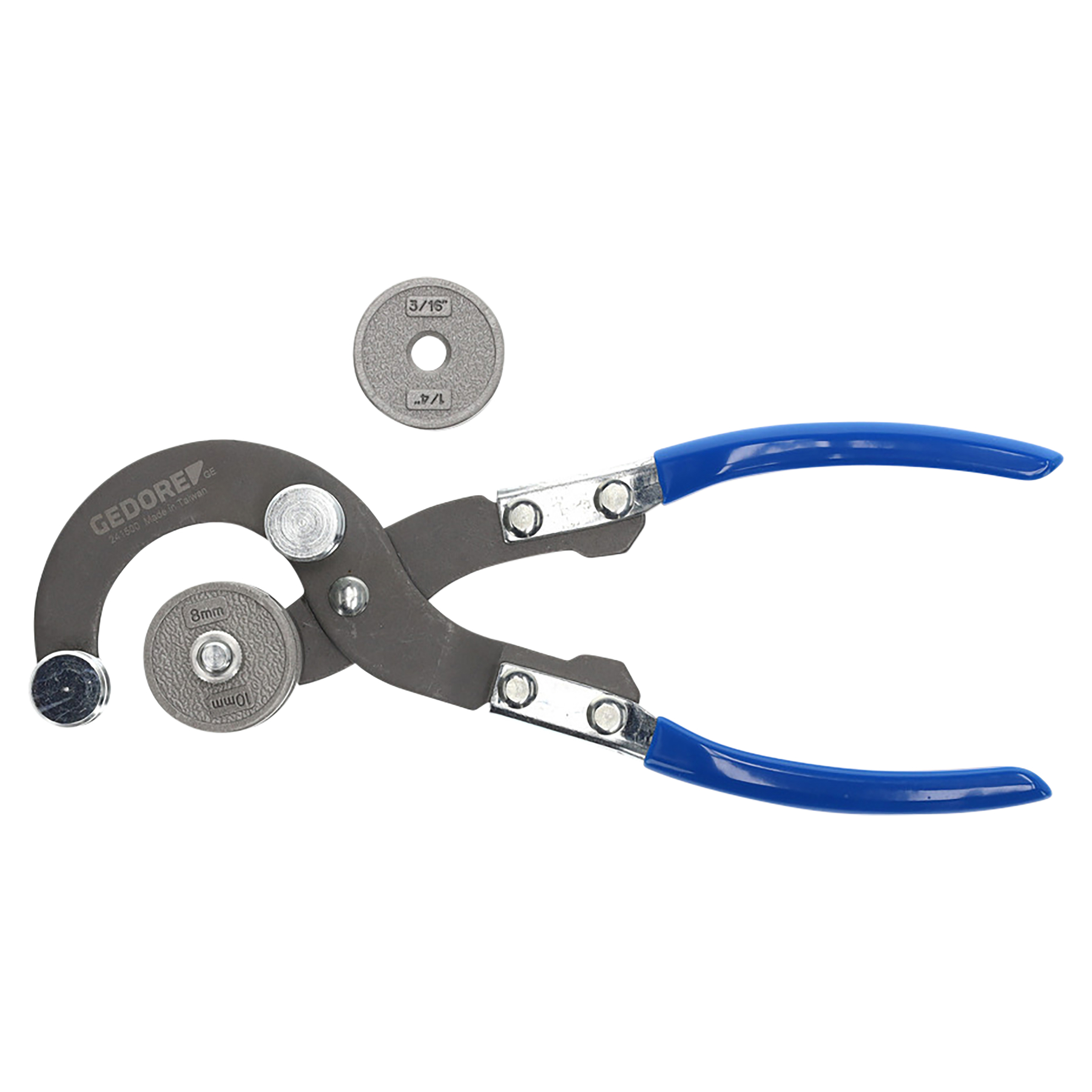 Grauer Rohrbiegezange mit blauen Griffen und zwei runden Einsätzen.