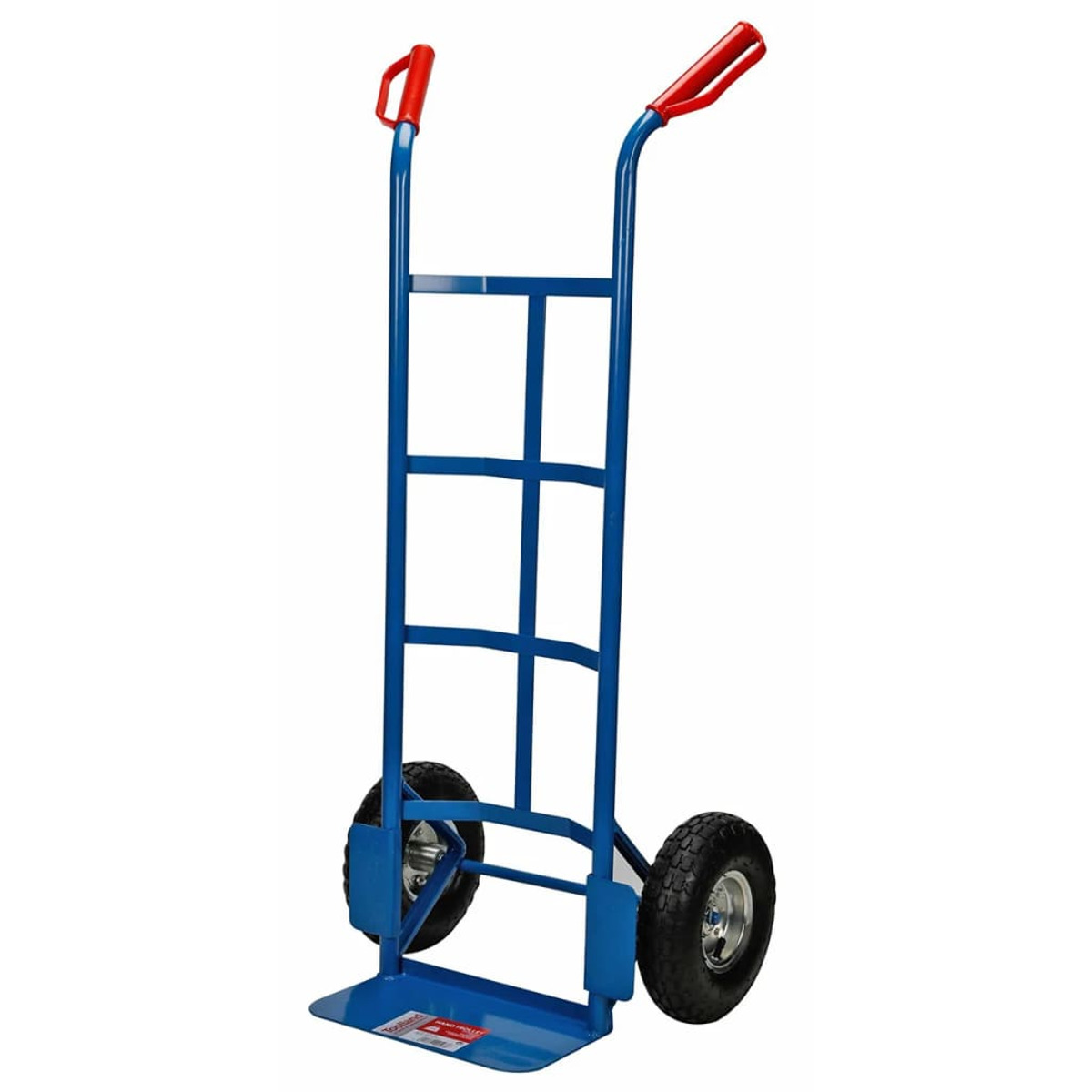 Carrello blu con manici rossi e due grandi ruote.