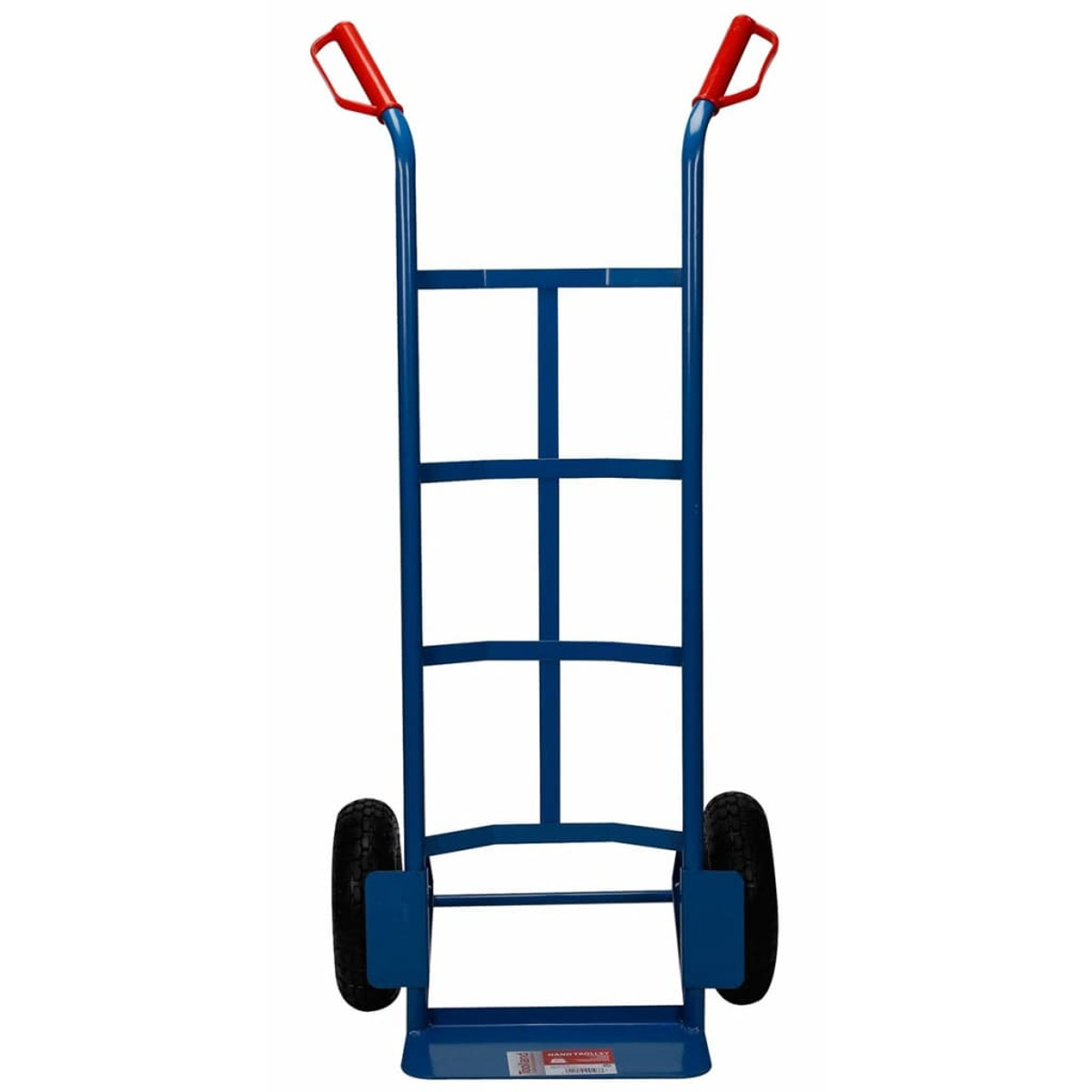 Carrello blu con manici rossi e due ruote nere.