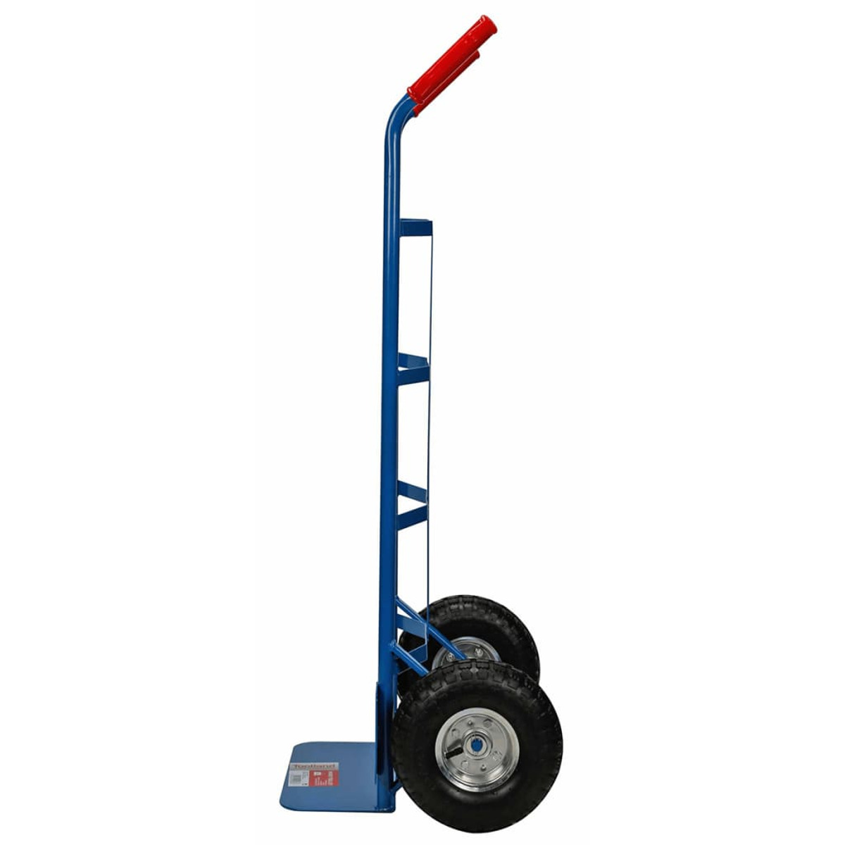 Carrello blu con manici rossi e due ruote grandi.