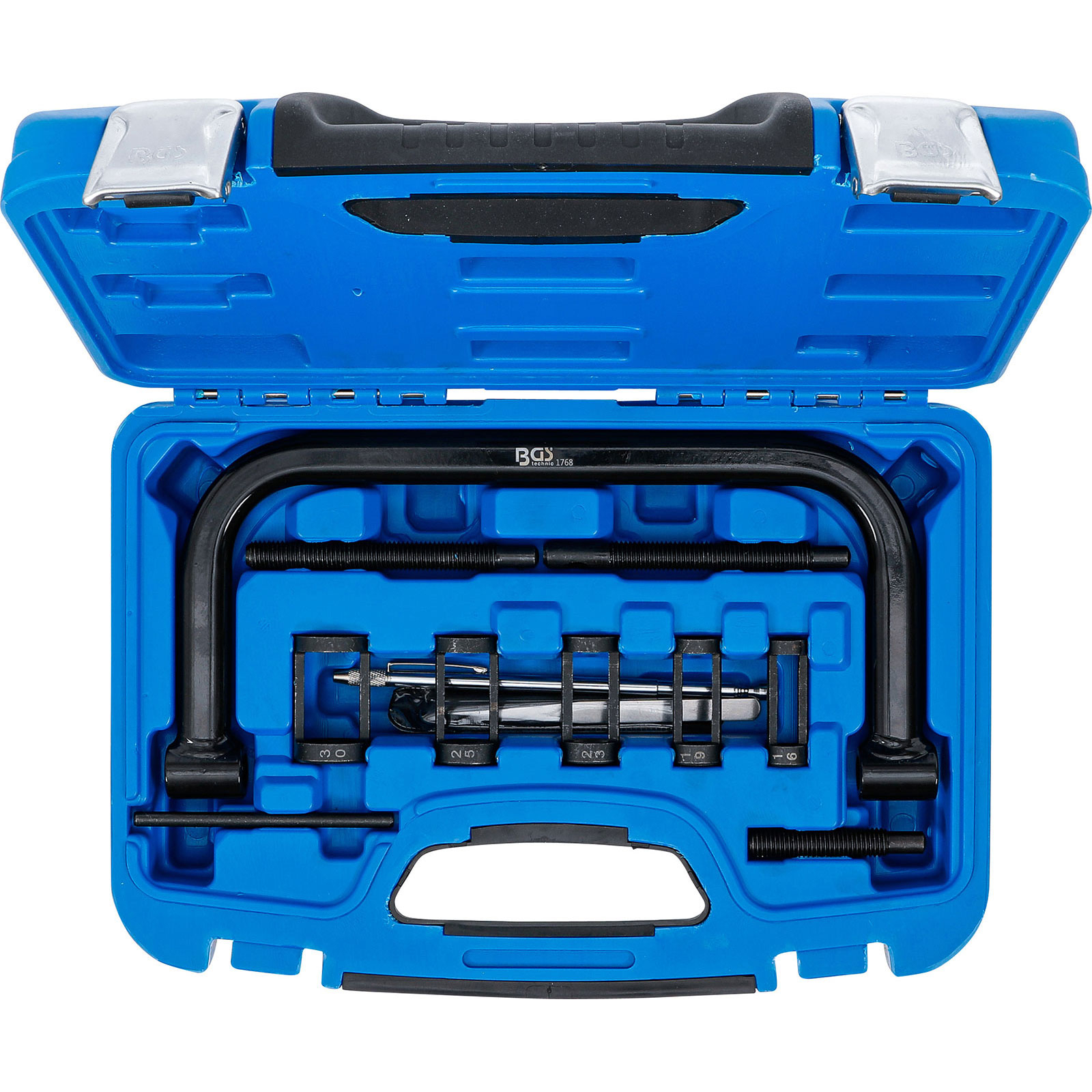 Offener blauer Werkzeugkasten mit Ventilfederspanner-Set und Zubehör.