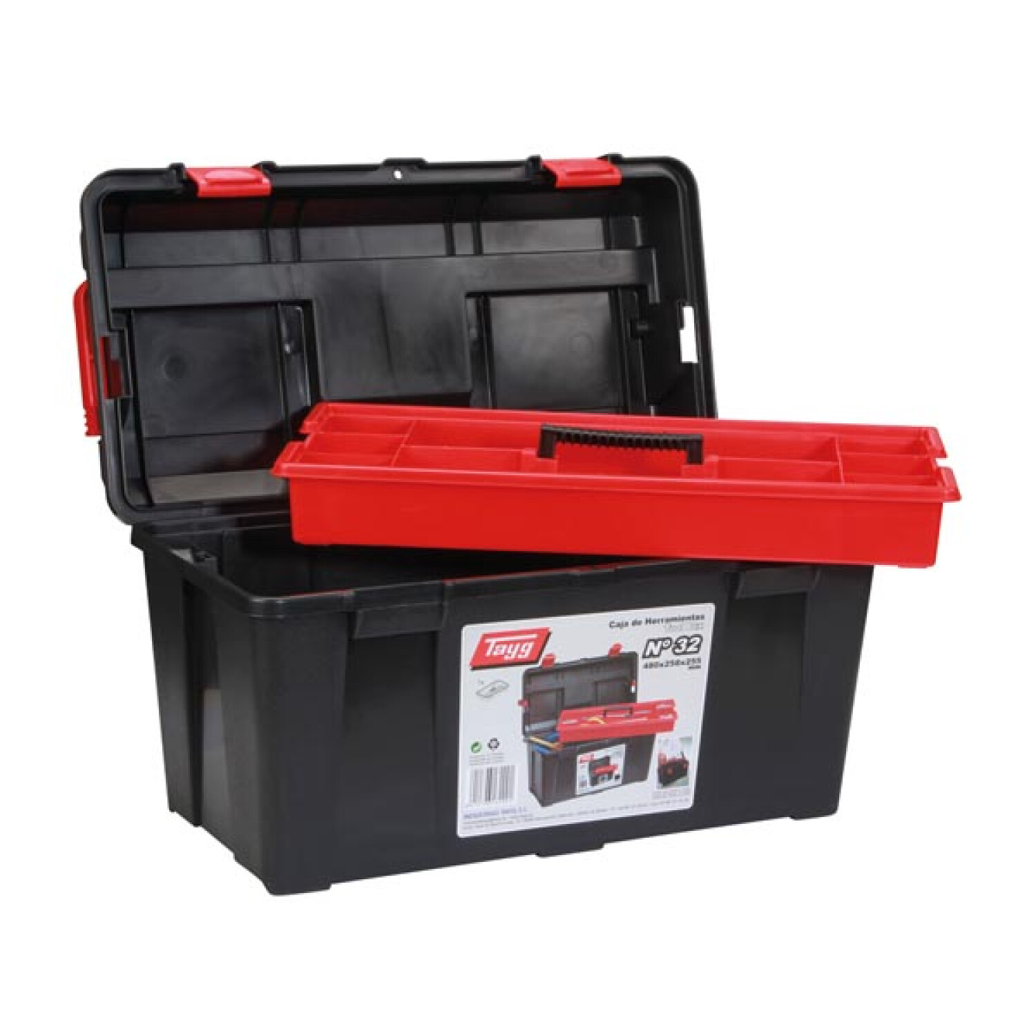Cassetta degli attrezzi aperta in plastica nera con inserto rosso.