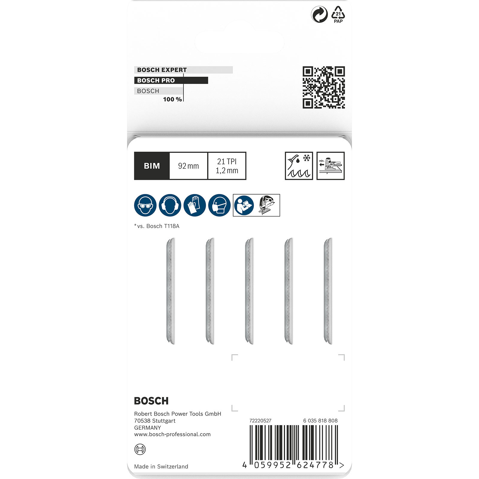 Confezione per lame Bosch: 5 pezzi, 92mm, 21 TPI, BIM.