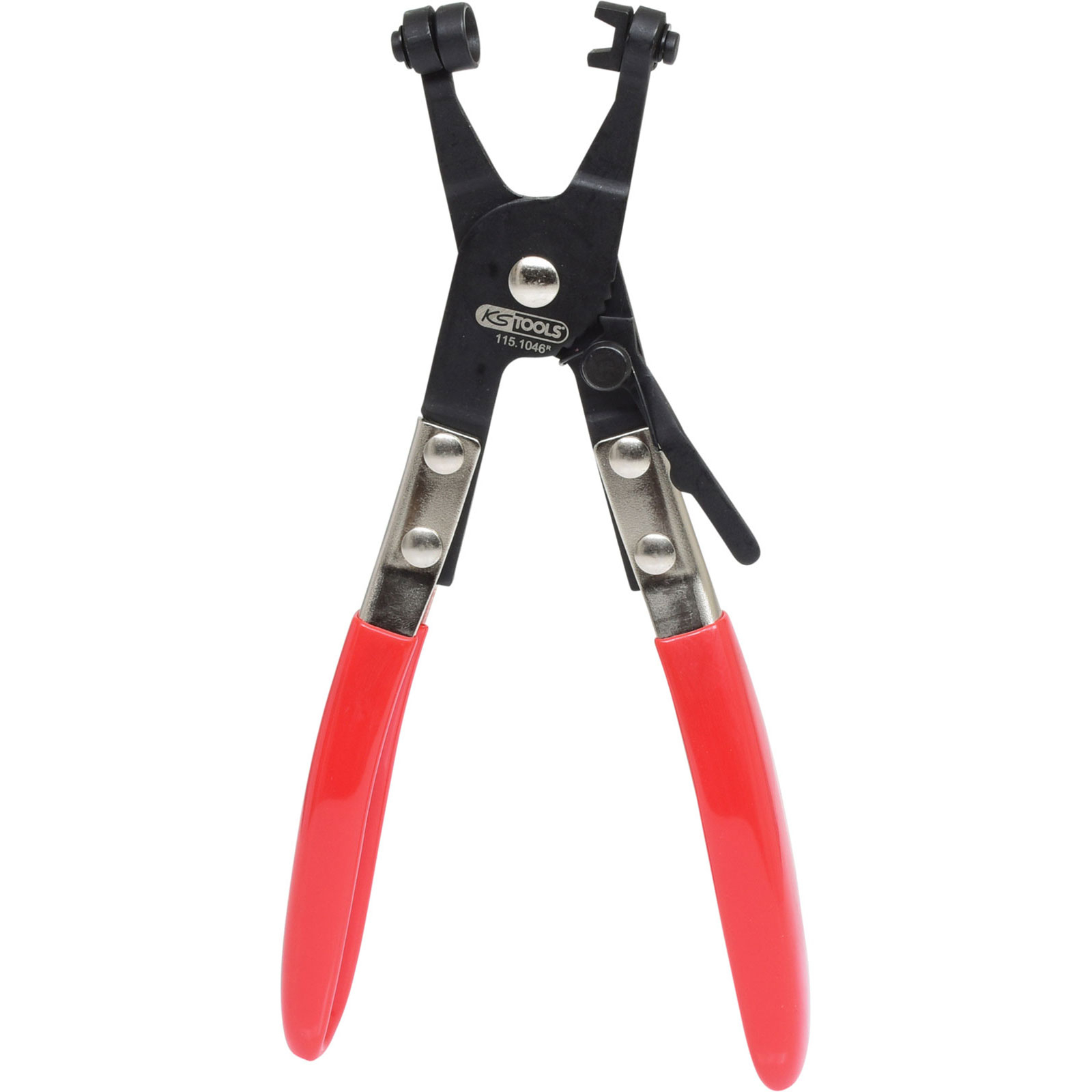 Pinza nera e rossa con punte metalliche e manici rotondi.