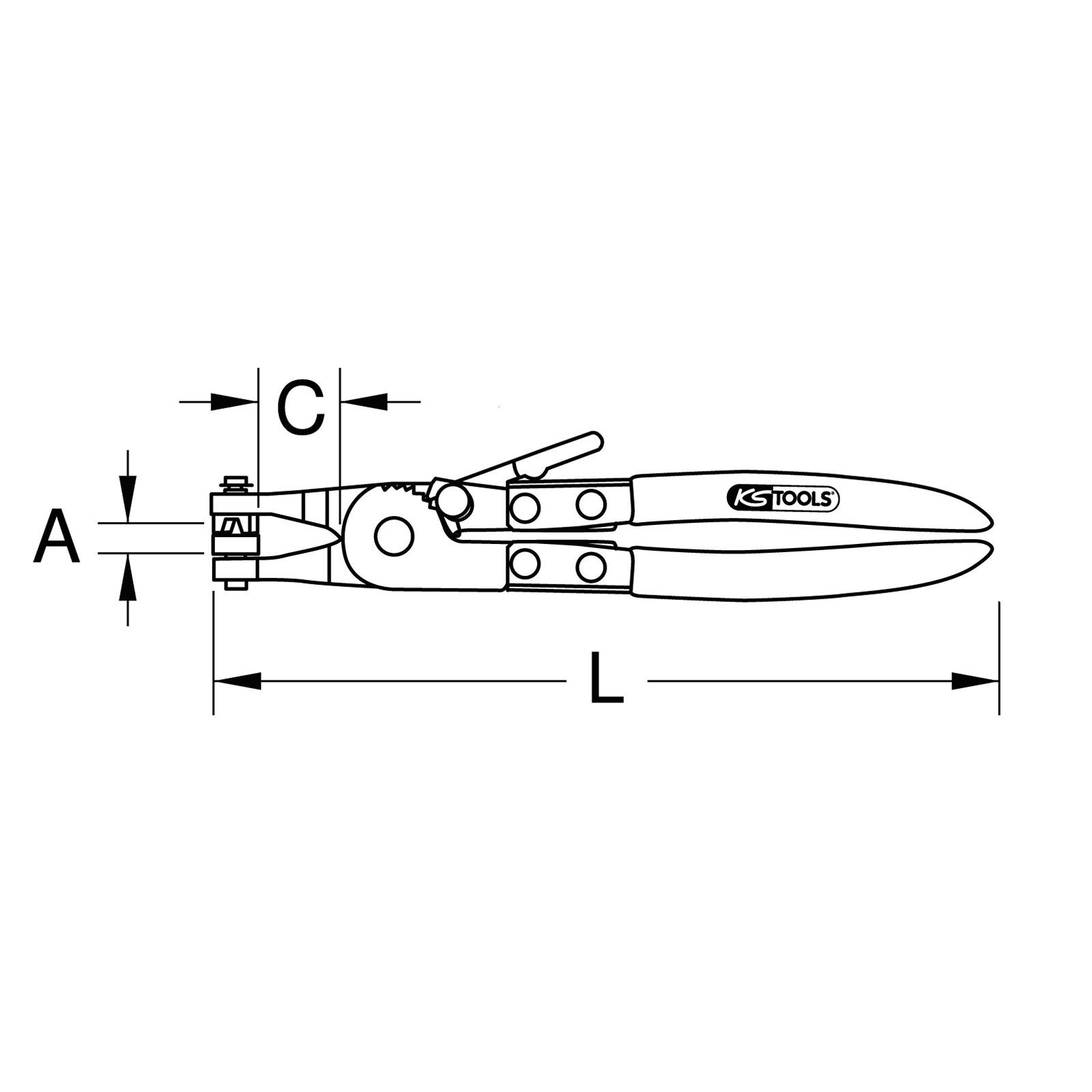 Disegno tecnico di una pinza con dimensioni A, C e L.