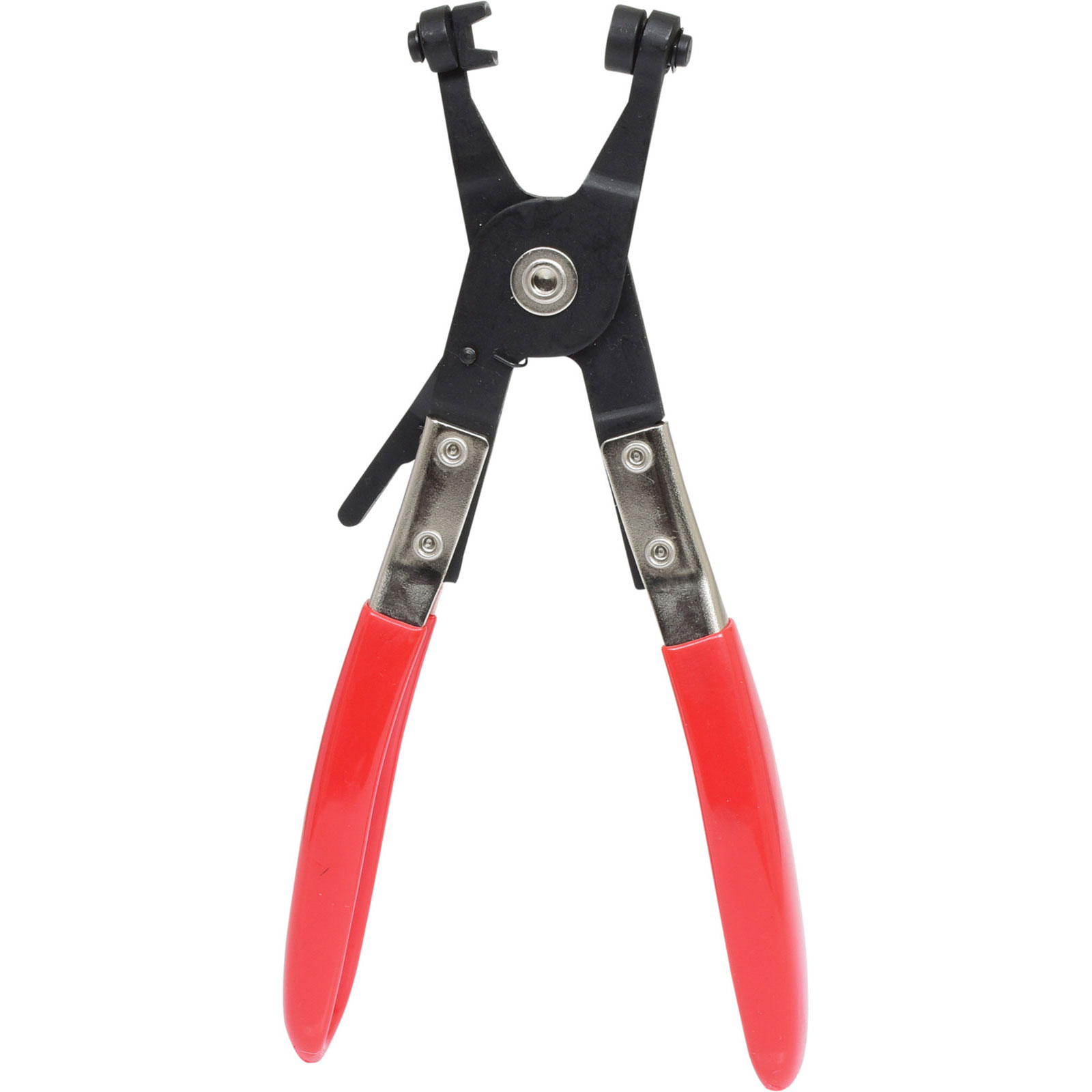 Pinza nera con manici rossi e giunti in metallo cromato.