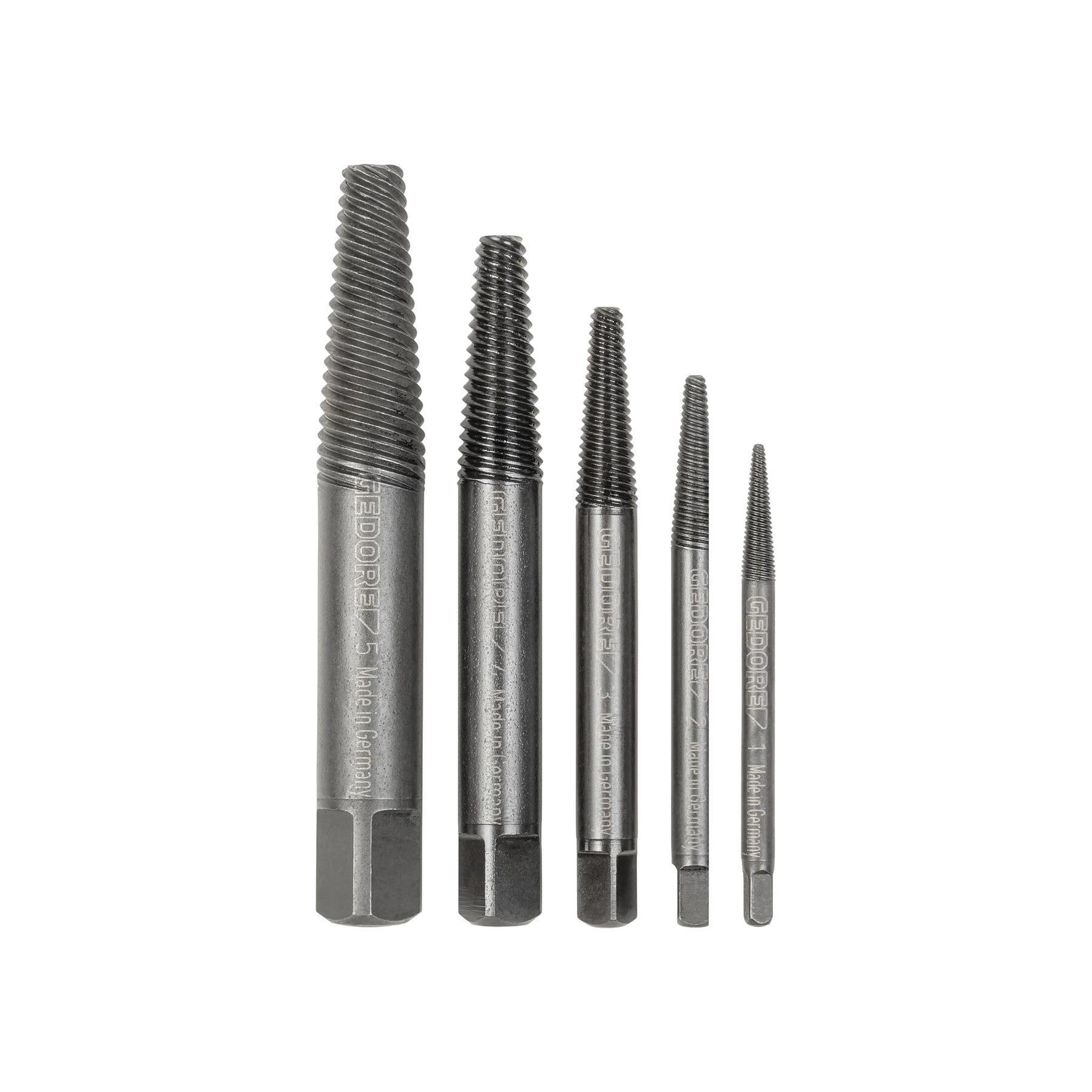 Fünf metallene Gewindeschneider mit Rechtsgewinde, von groß nach klein.