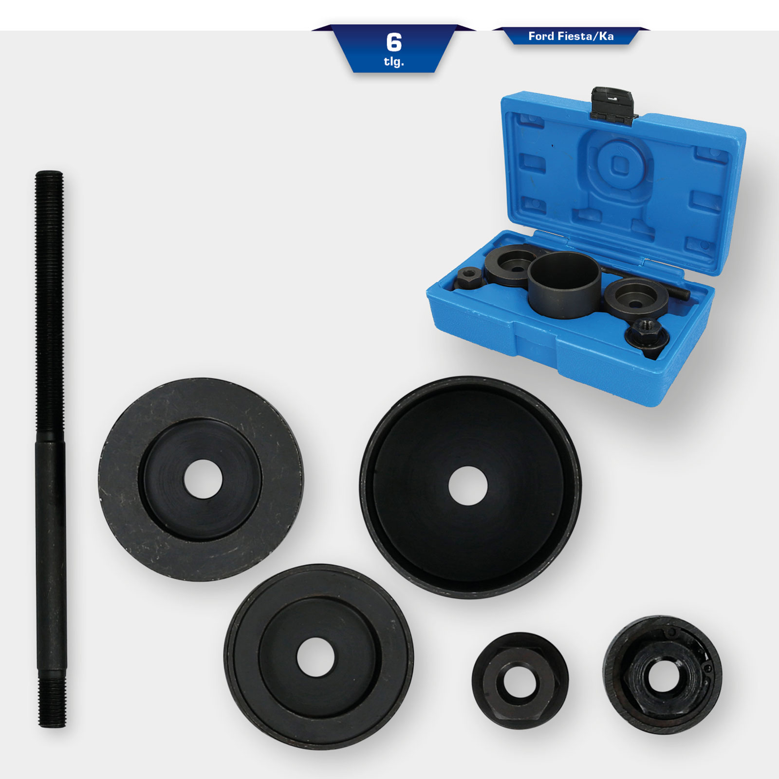 Un set di attrezzi per Ford Fiesta/Ka con varie parti metalliche nere.