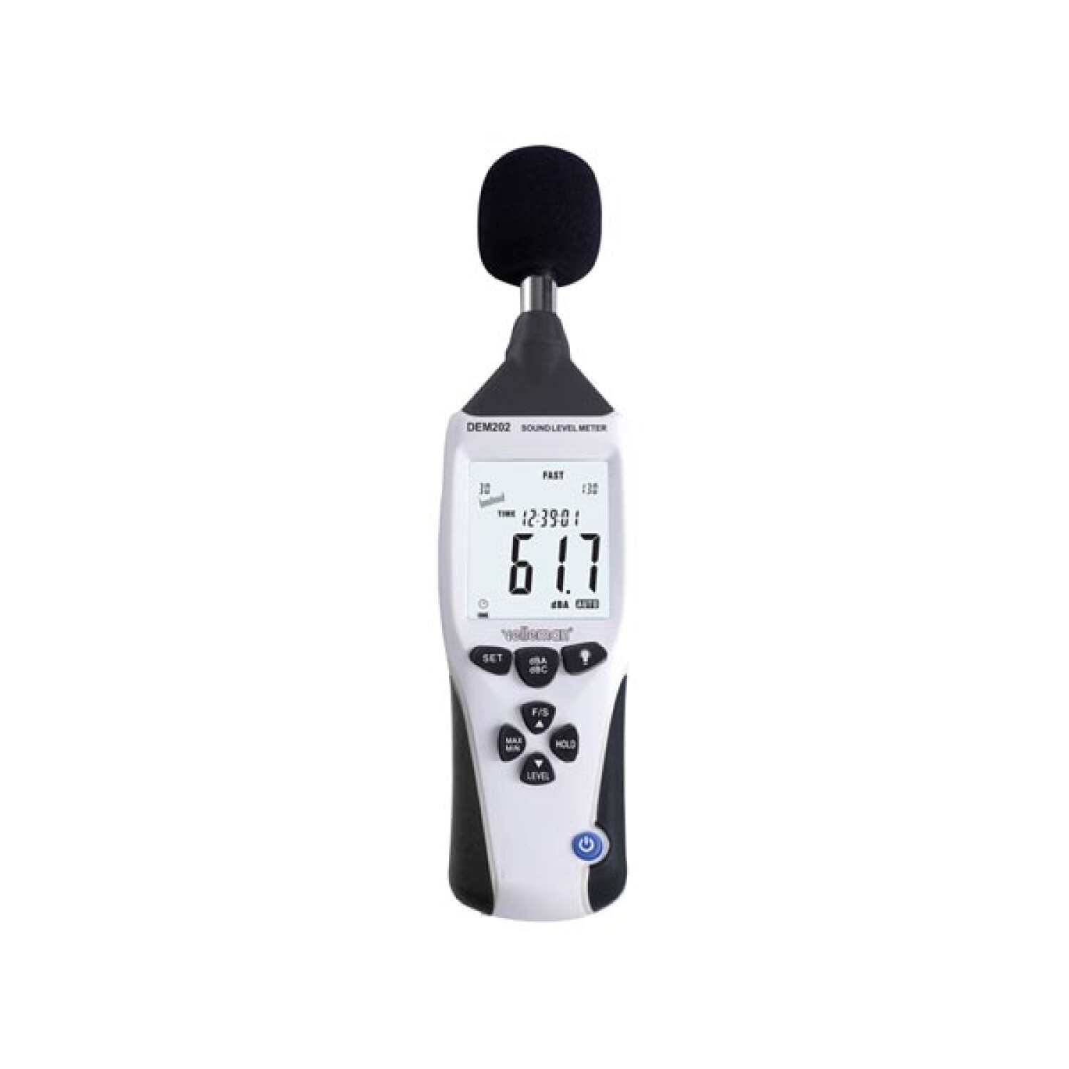 Ein digitaler Schallpegelmesser mit schwarzem Mikrofon und LCD-Display.