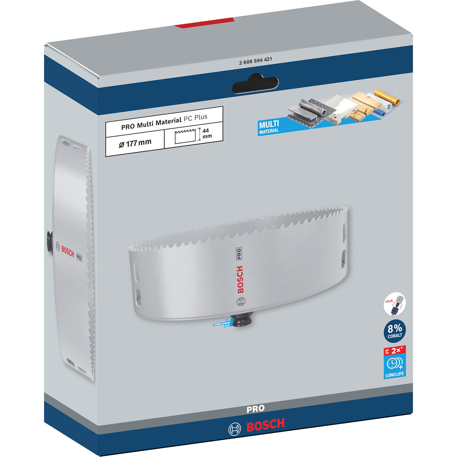 Sega a tazza Bosch 177mm, profondità 44mm, multi-materiale, cobalto 8%, lunga durata.