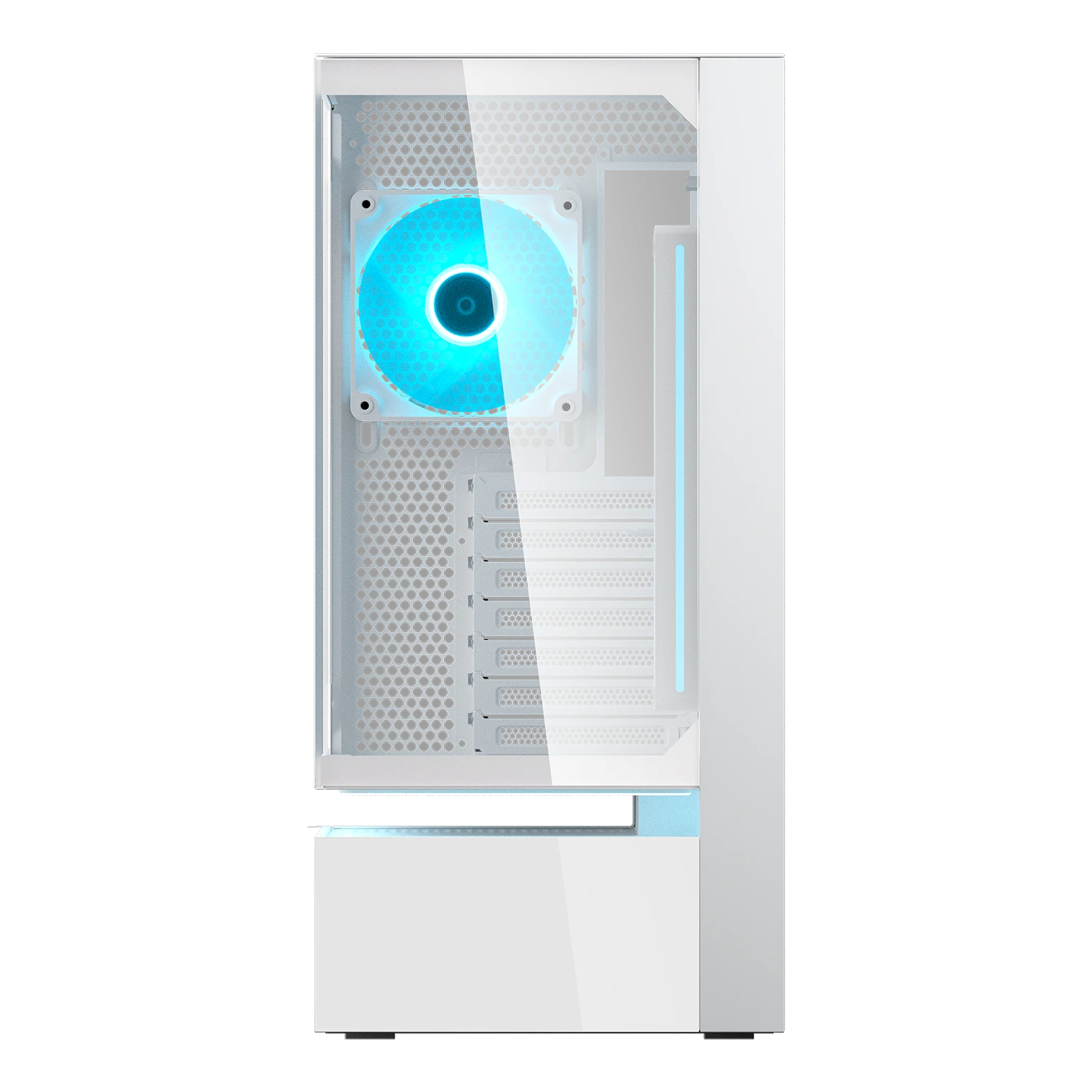 Un case per computer bianco con ventola illuminata di blu.