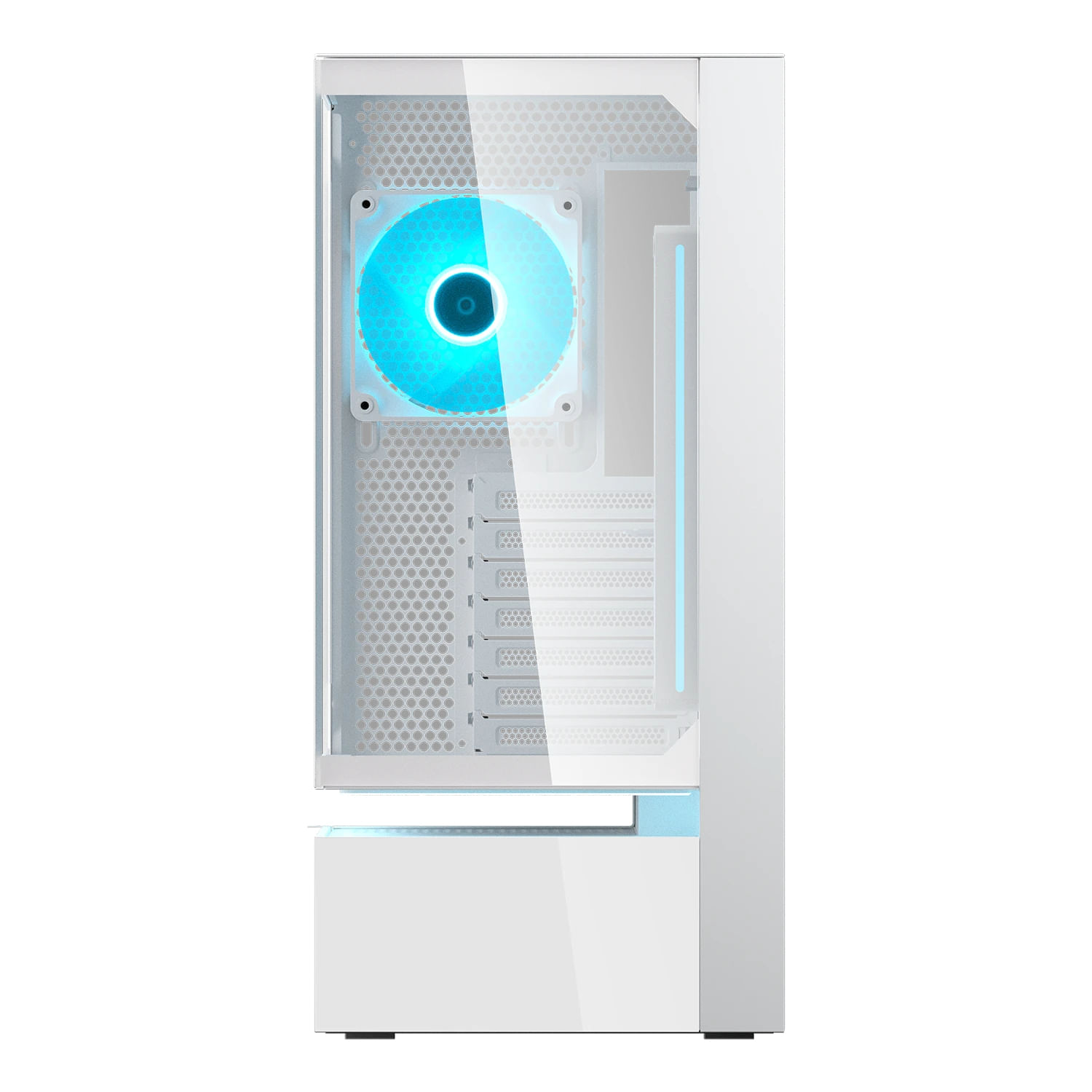 Case PC bianco con ventola illuminata blu visibile attraverso pannello in vetro.
