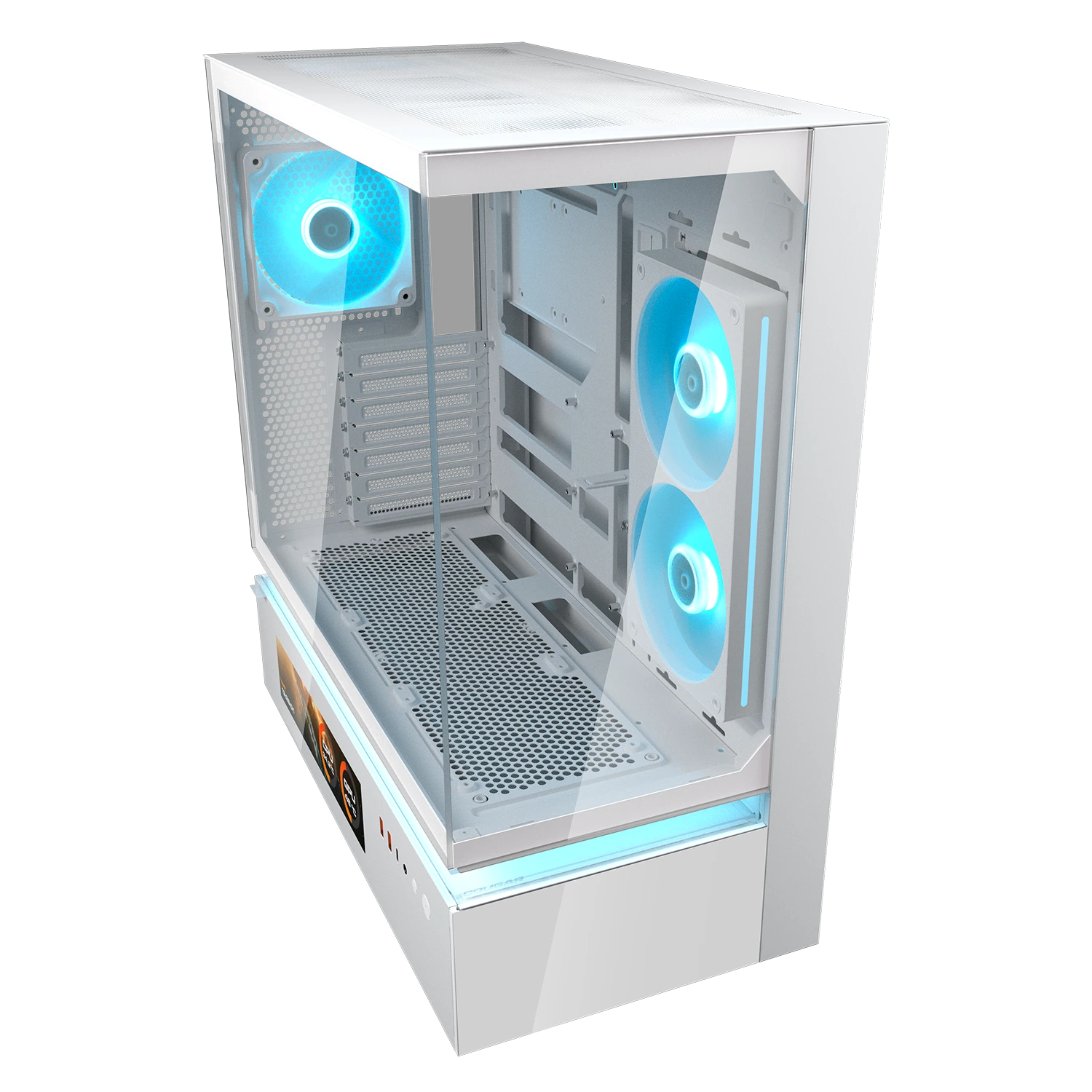 Un case per computer bianco con ventole blu e frontale in vetro.