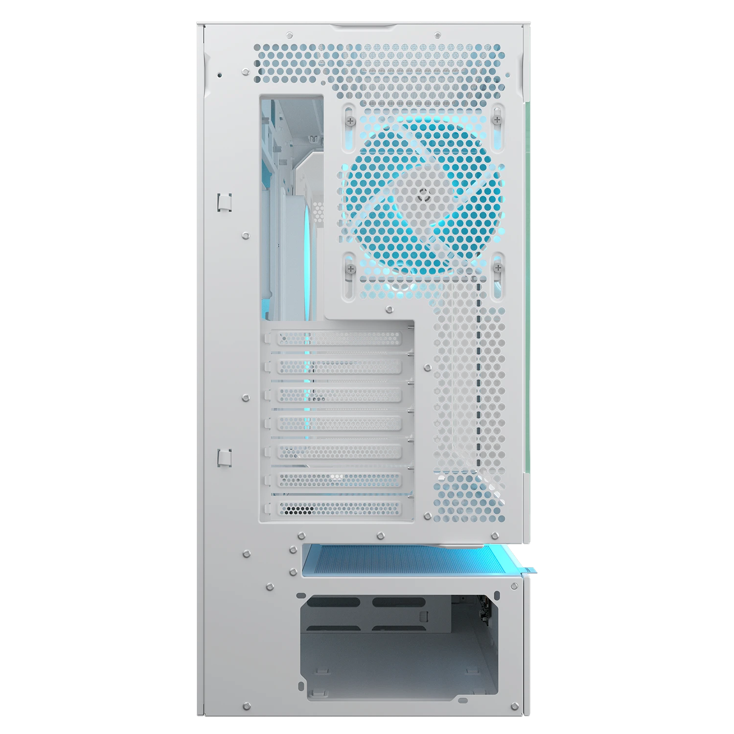 Il retro di un case PC bianco con ventola blu e fessure di ventilazione.