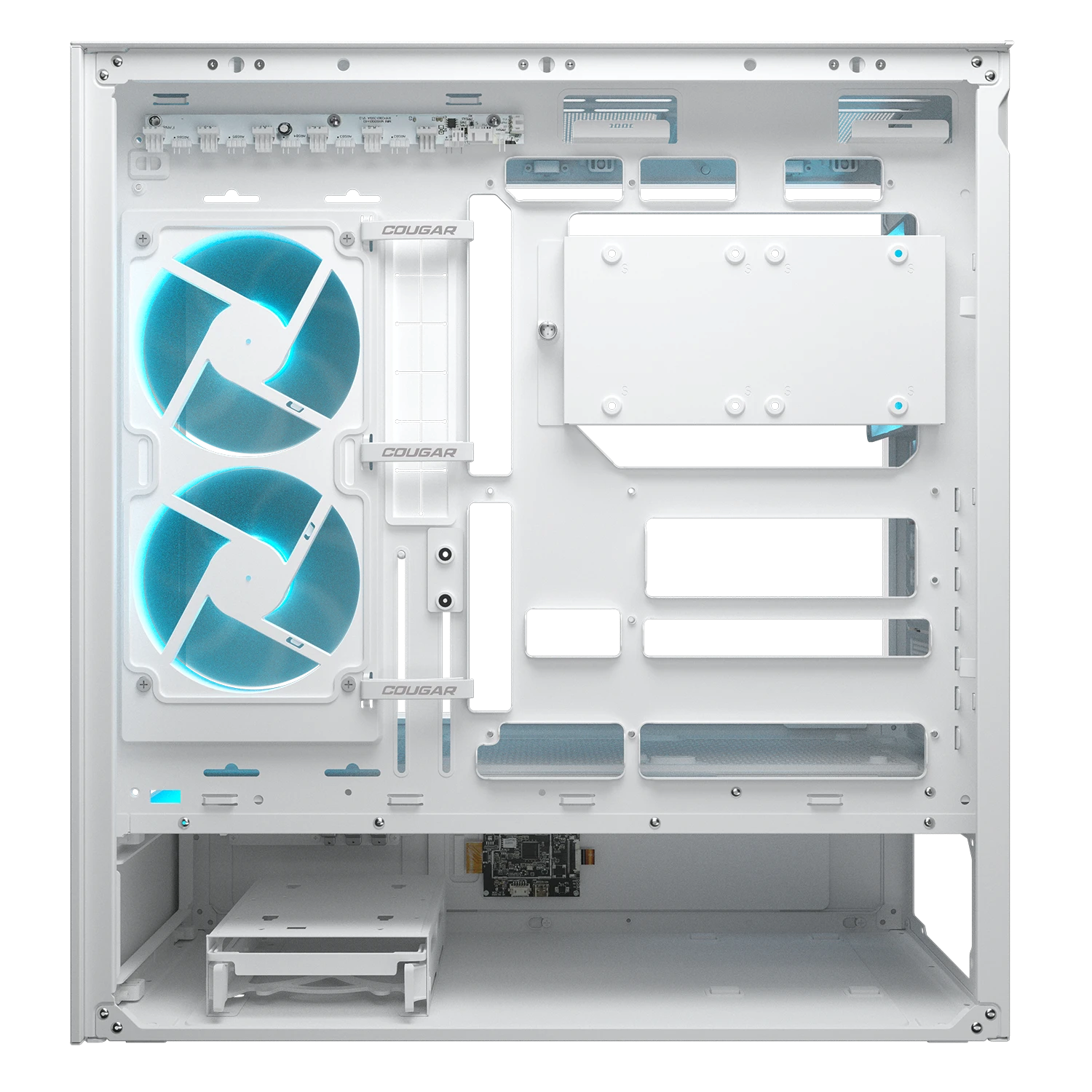Vista interna di un case PC bianco con ventole blu e staffe di montaggio.