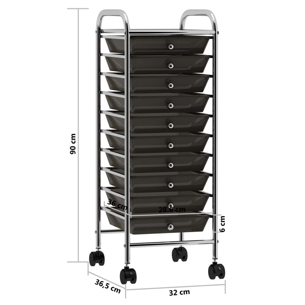 Ein 90 cm hoher Rollwagen mit 10 dunklen Schubladen und Chromrahmen.