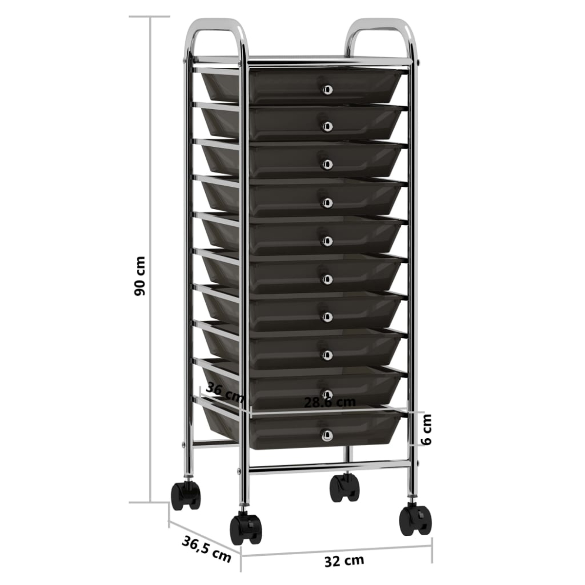 Ein 90 cm hoher, rollbarer Organizer mit 10 schwarzen Schubladen und Chromrahmen.