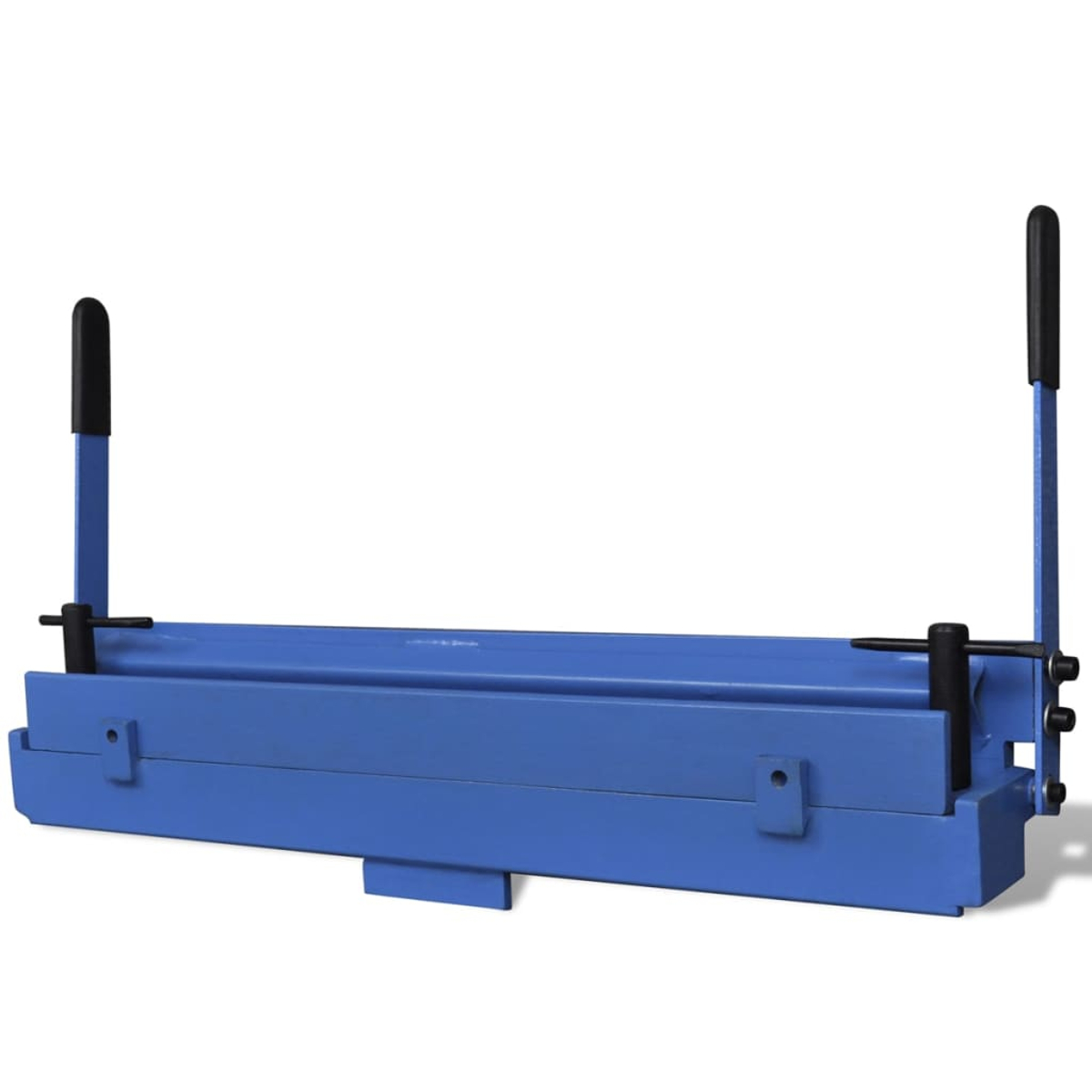 Eine blaue Blechbiegemaschine mit zwei Griffen und Klemmen.