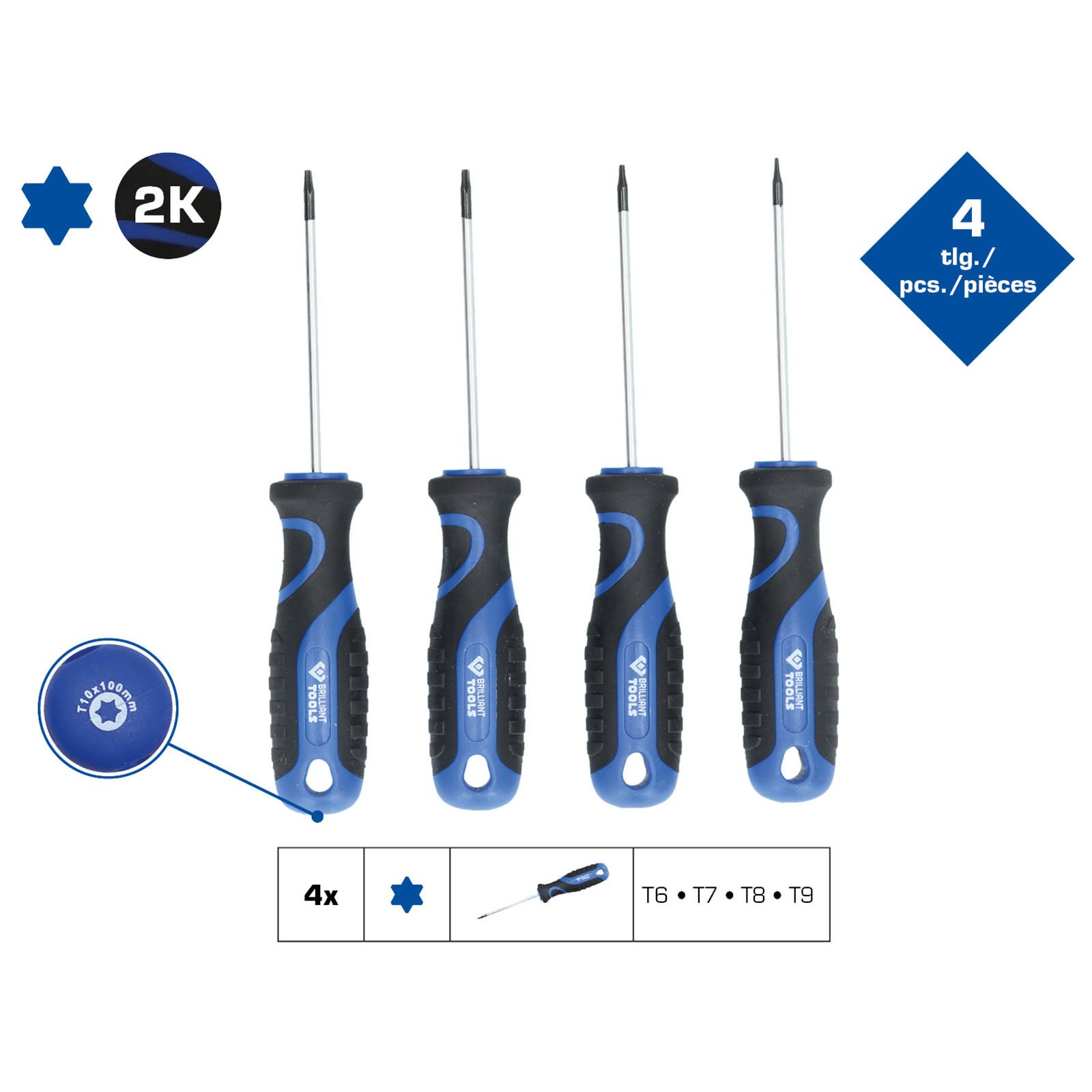 Quattro cacciaviti Torx con manici blu e neri, misure T6-T9.