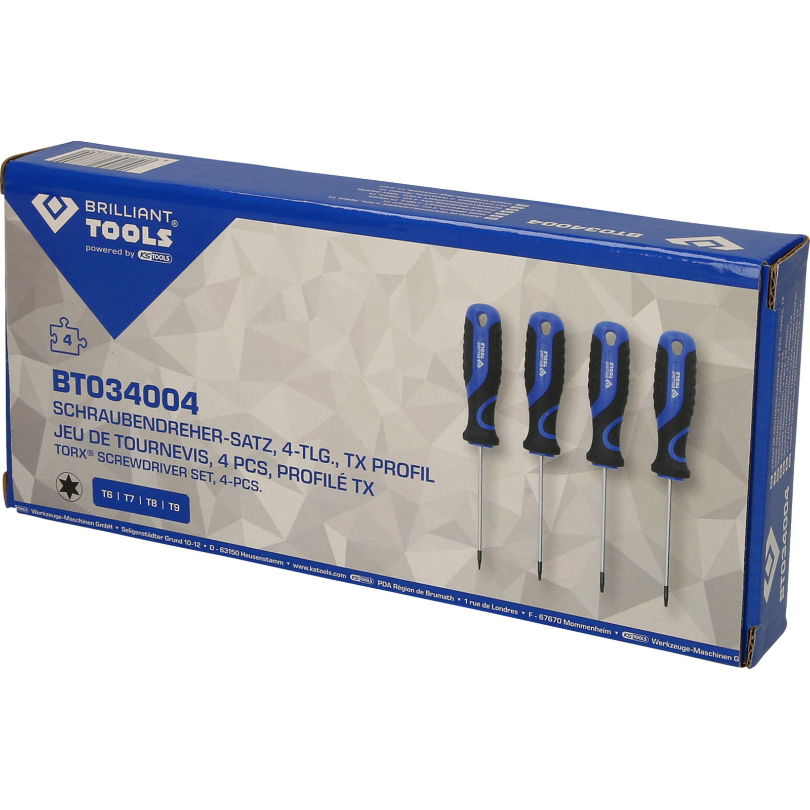 Scatola con quattro cacciaviti Torx con manici blu e neri.