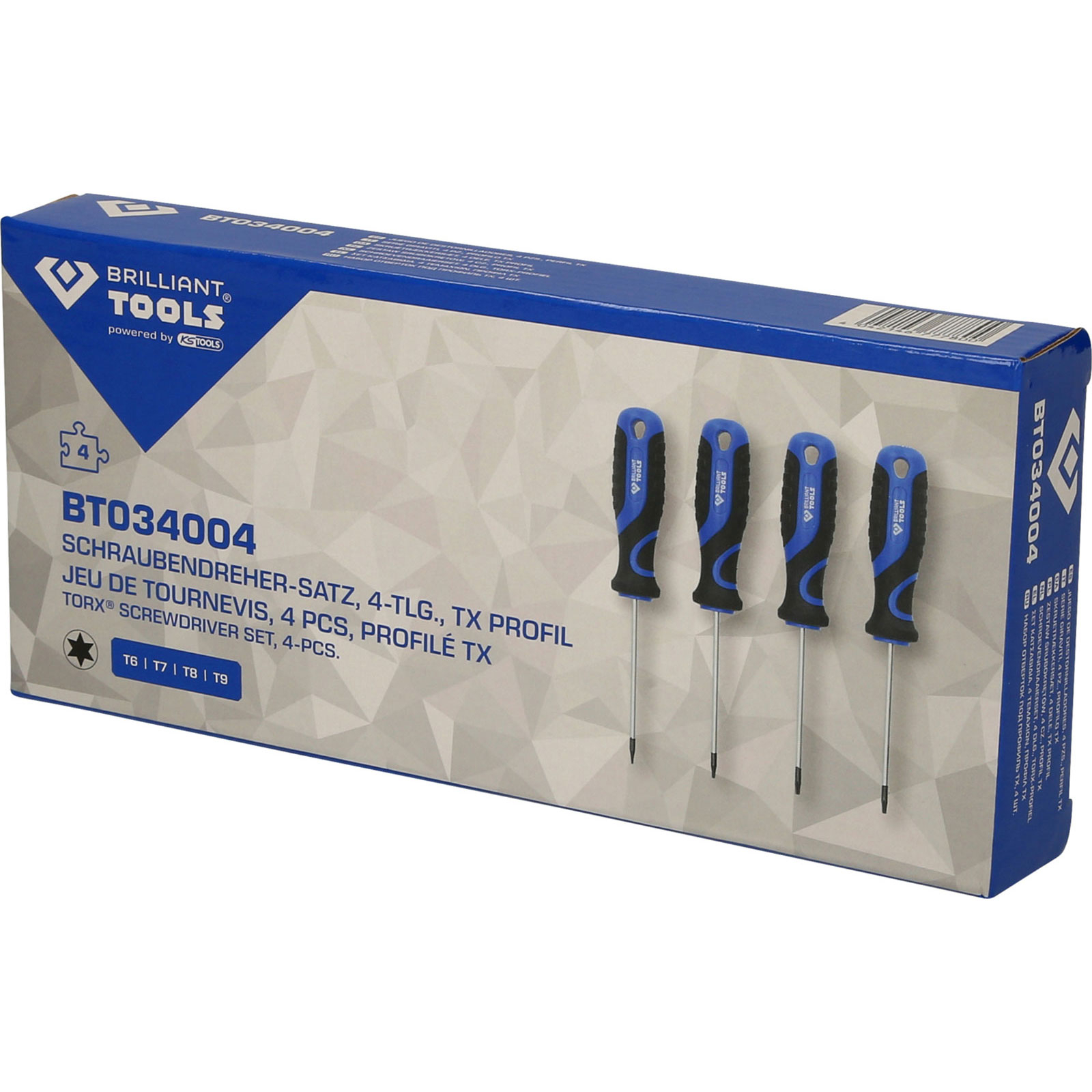 Scatola con quattro cacciaviti Torx, impugnature blu e nere.