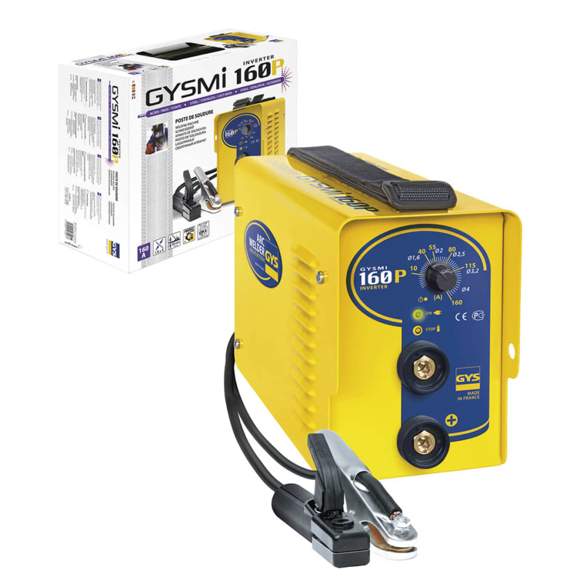 Inverter saldatore giallo GYSMI 160P con morsetti e imballaggio.