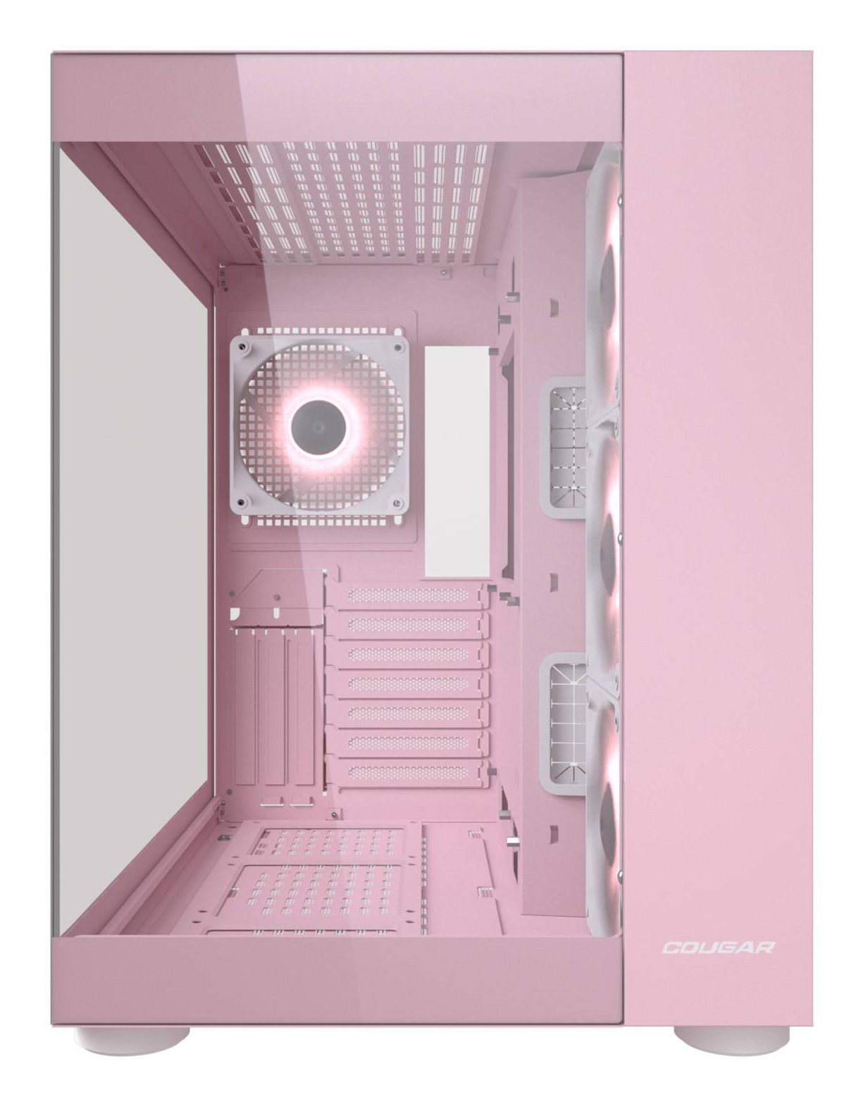 Różowa obudowa komputera z szklanym frontem, wentylatorami i filtrami.