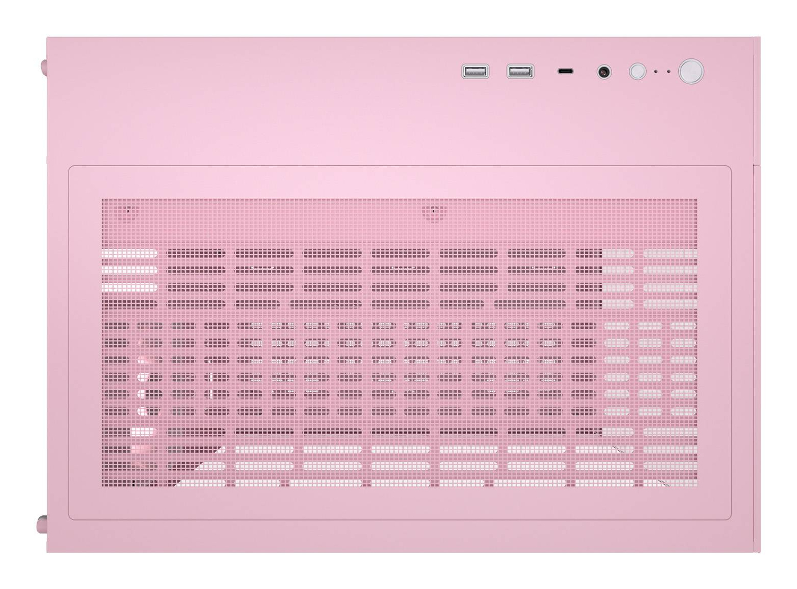 Górna część różowej obudowy komputera z otworami wentylacyjnymi i portami.