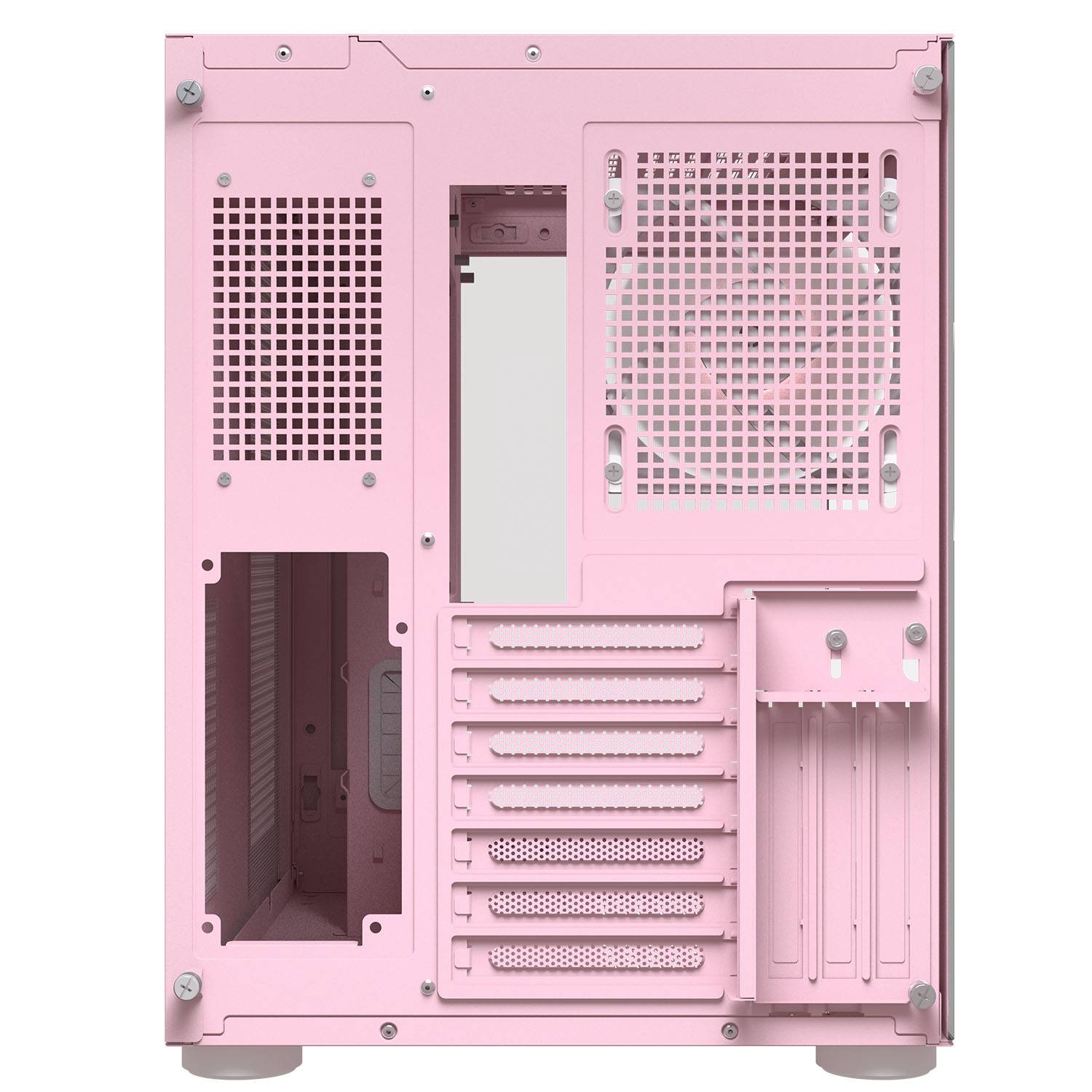 Rückseite eines rosa Computergehäuses mit Lüftungsschlitzen und Schrauben.