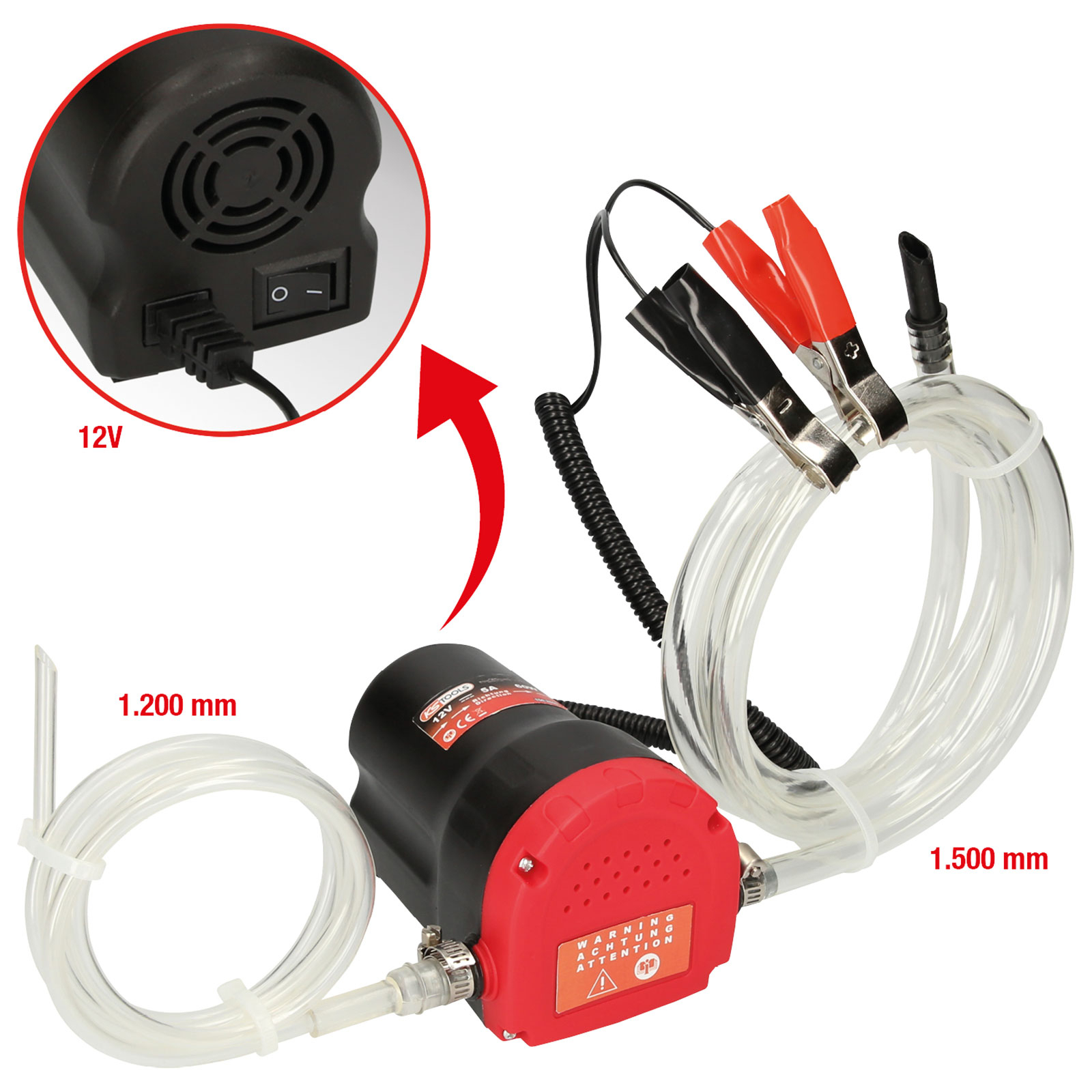 Pompa 12V con clip e tubi, con specifiche di lunghezza.