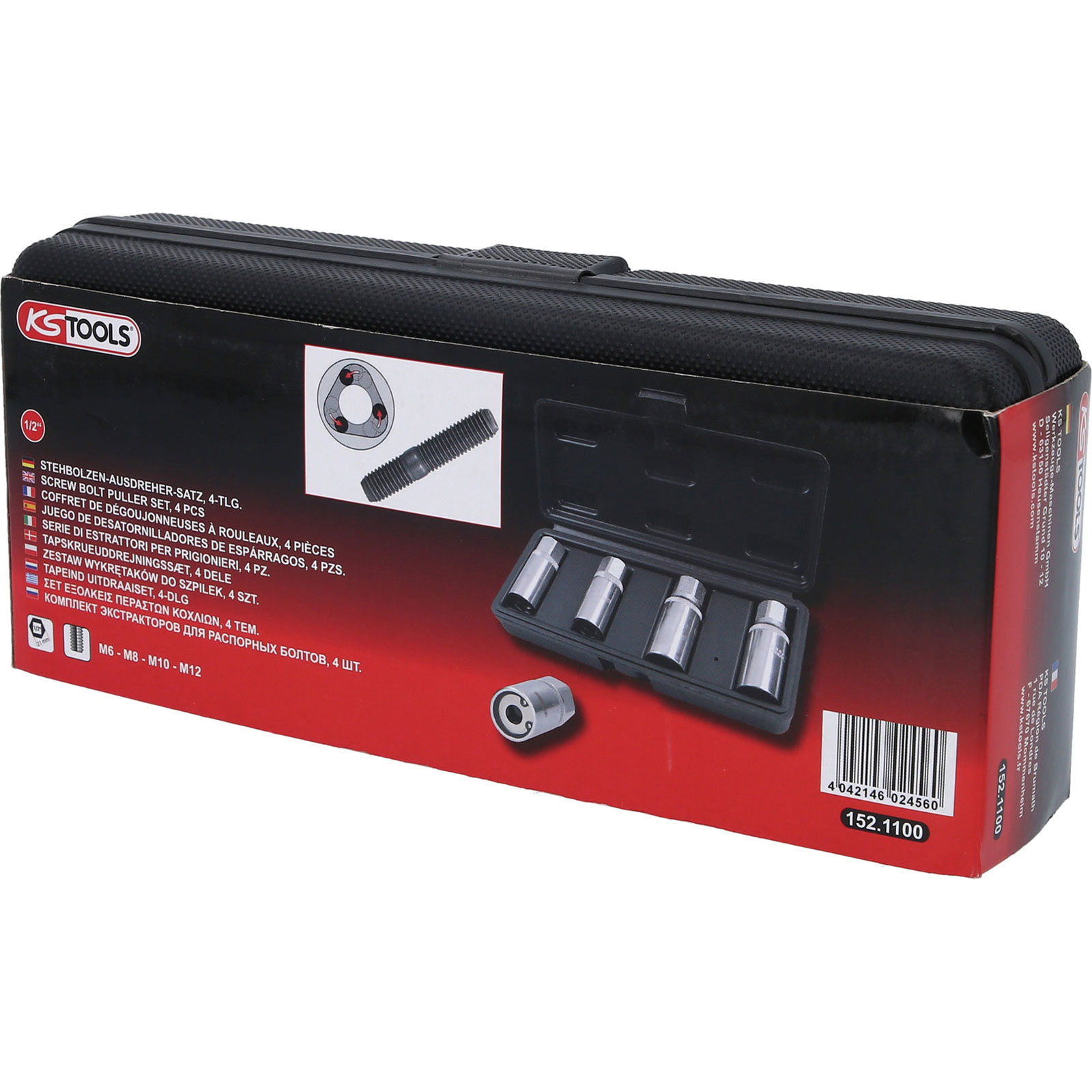 Schwarzer Koffer mit KS TOOLS Schrauben-Ausdreher-Set. Enthält 4 Einsätze.