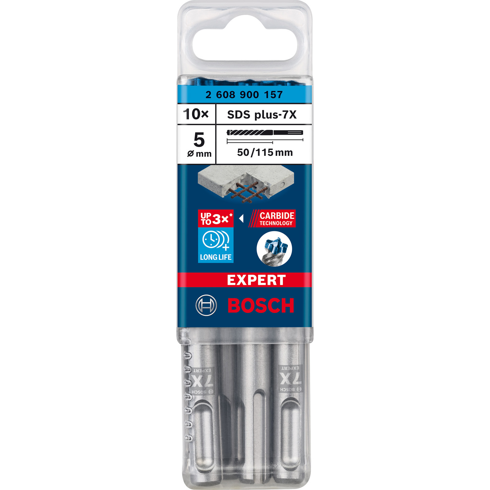 Confezione da 10 punte Bosch SDS plus-7X, diametro 5mm, lunghezza 50/115mm.