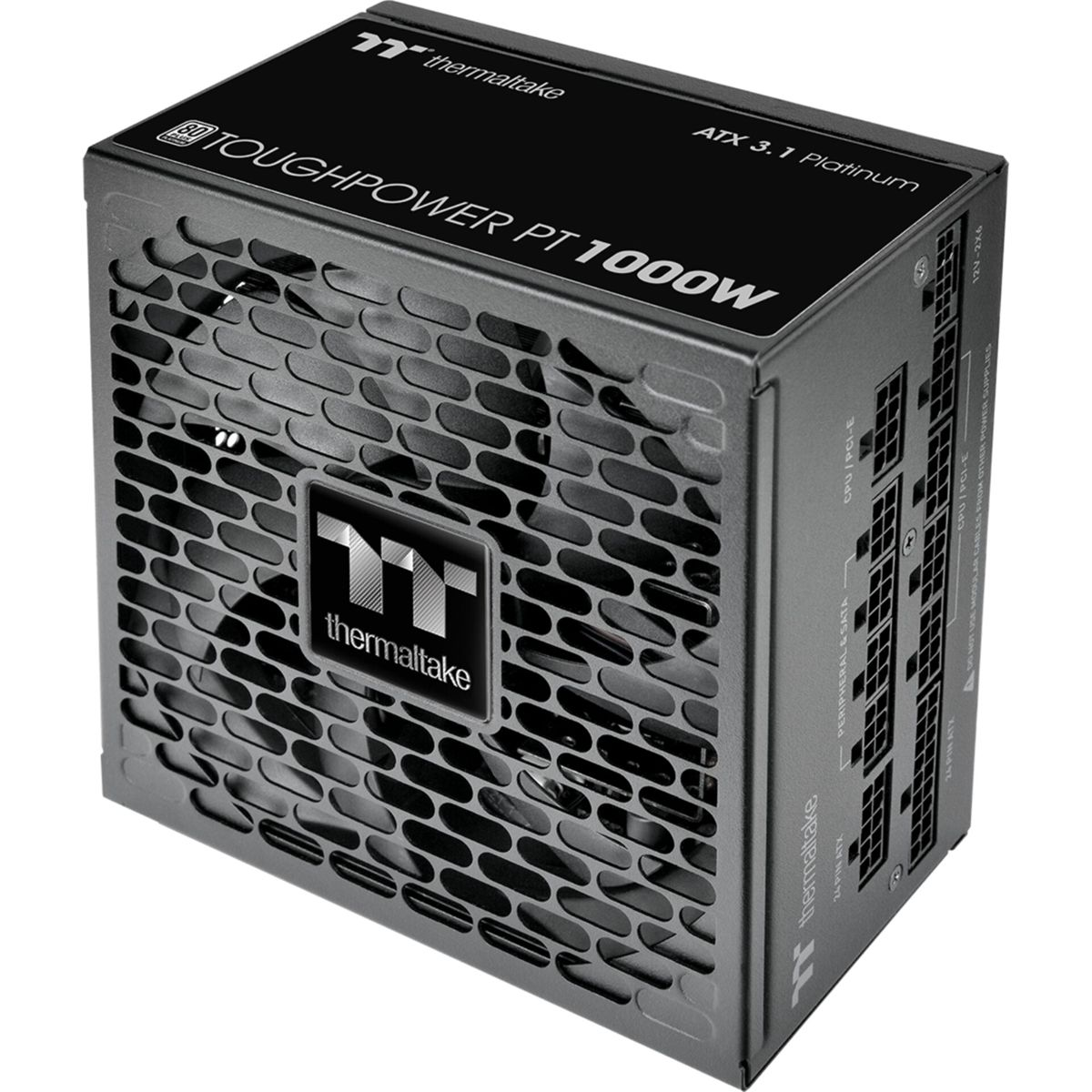 Schwarzes Thermaltake Netzteil mit Lüftergitter und Anschlüssen.
