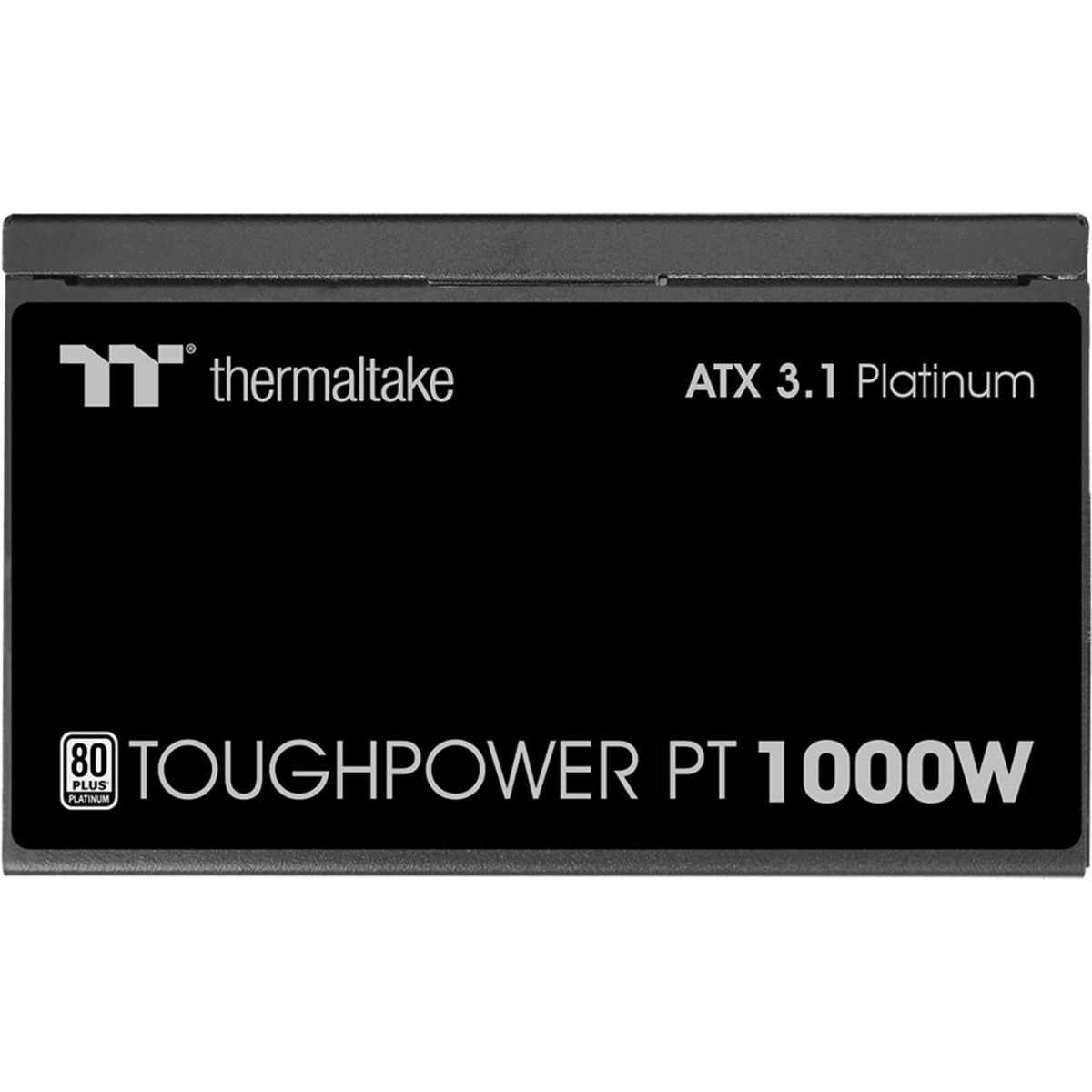 Ein schwarzes Thermaltake Netzteil mit "80 PLUS PLATINUM" und "TOUGHPOWER PT 1000W" Beschriftung.