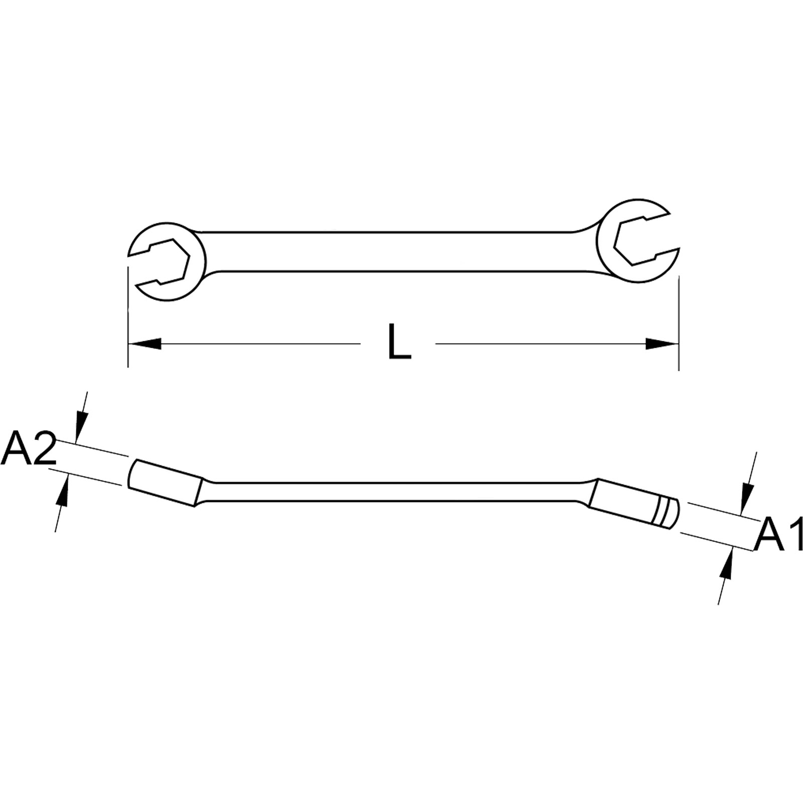 Due chiavi inglesi in stile disegno tecnico, con dimensioni L, A1 e A2.