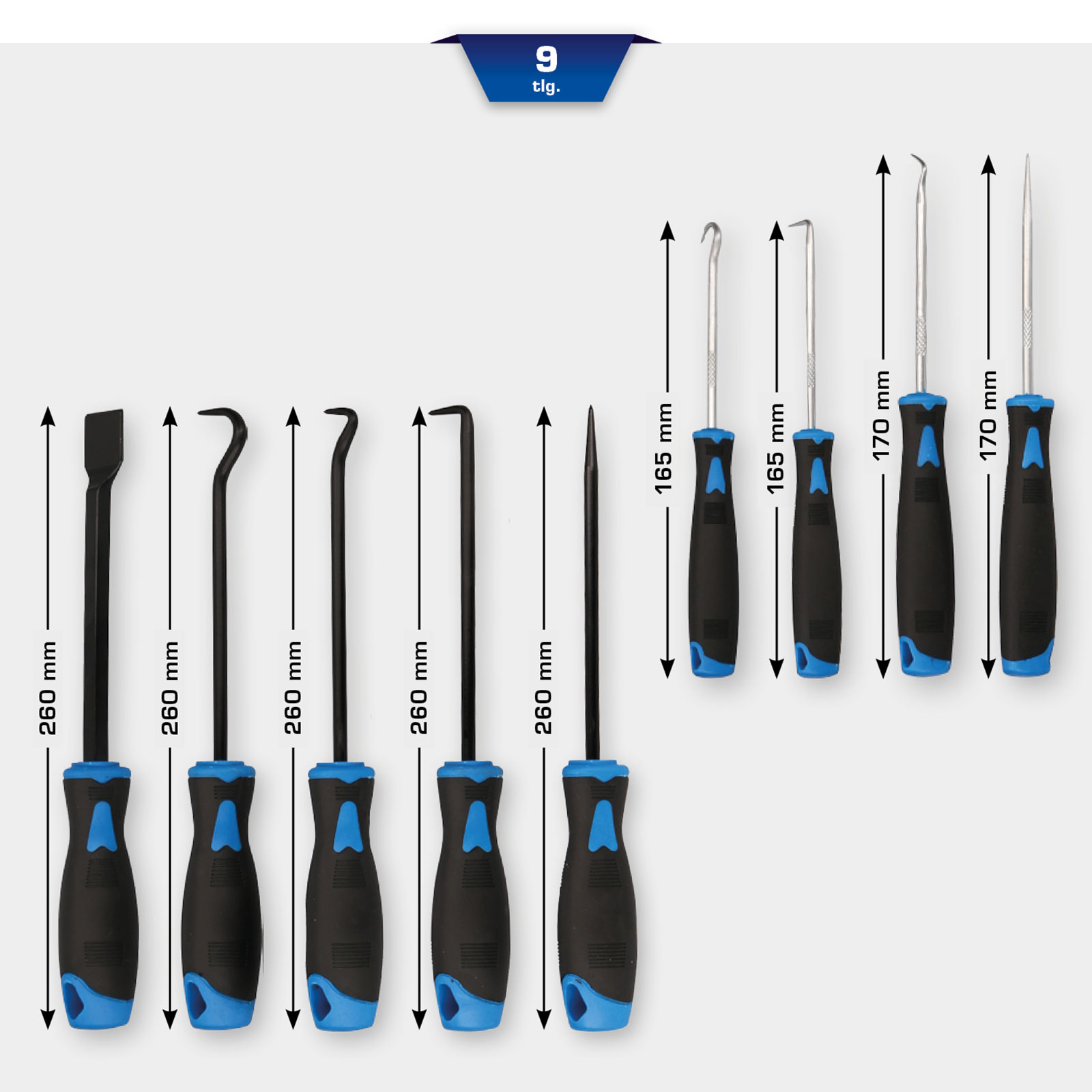 Set von 9 Werkzeugen: 5 lange Hebel, 1 Spitzwerkzeug, 3 Haken. Schwarze Griffe mit blauen Akzenten.