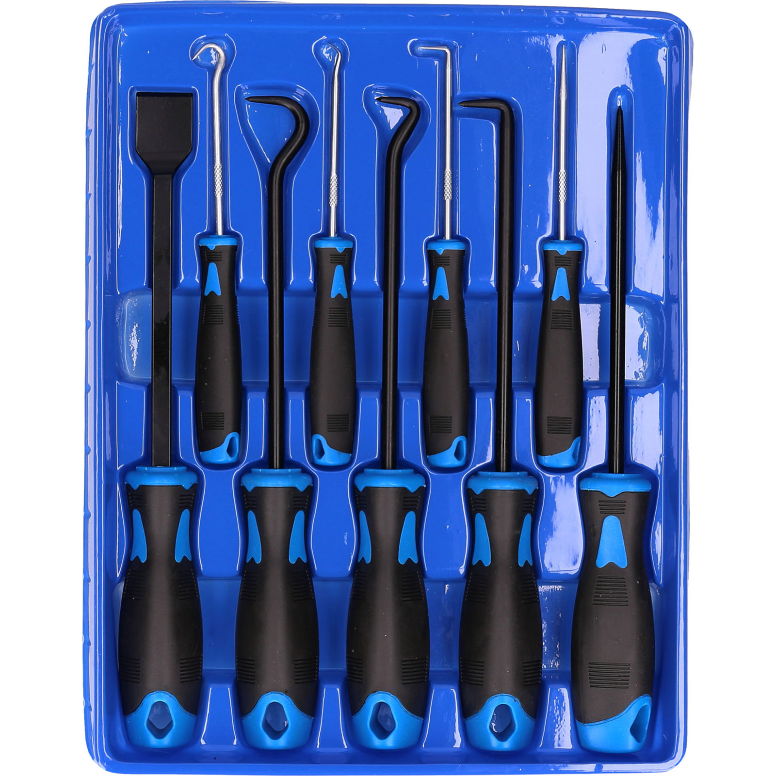 Werkzeugset mit Haken und Schaber in einer blauen Kunststoffschale.