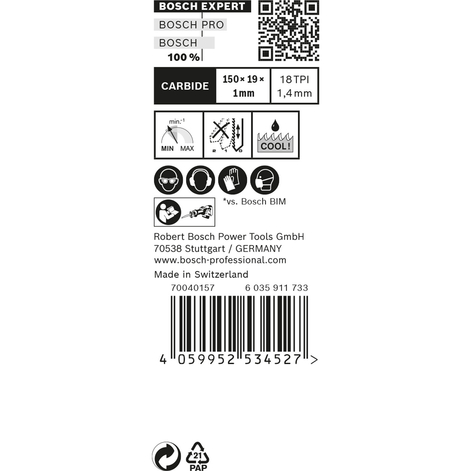 Lama sega Bosch Expert con specifiche: 150x19x1mm, 18 TPI, 1.4mm.