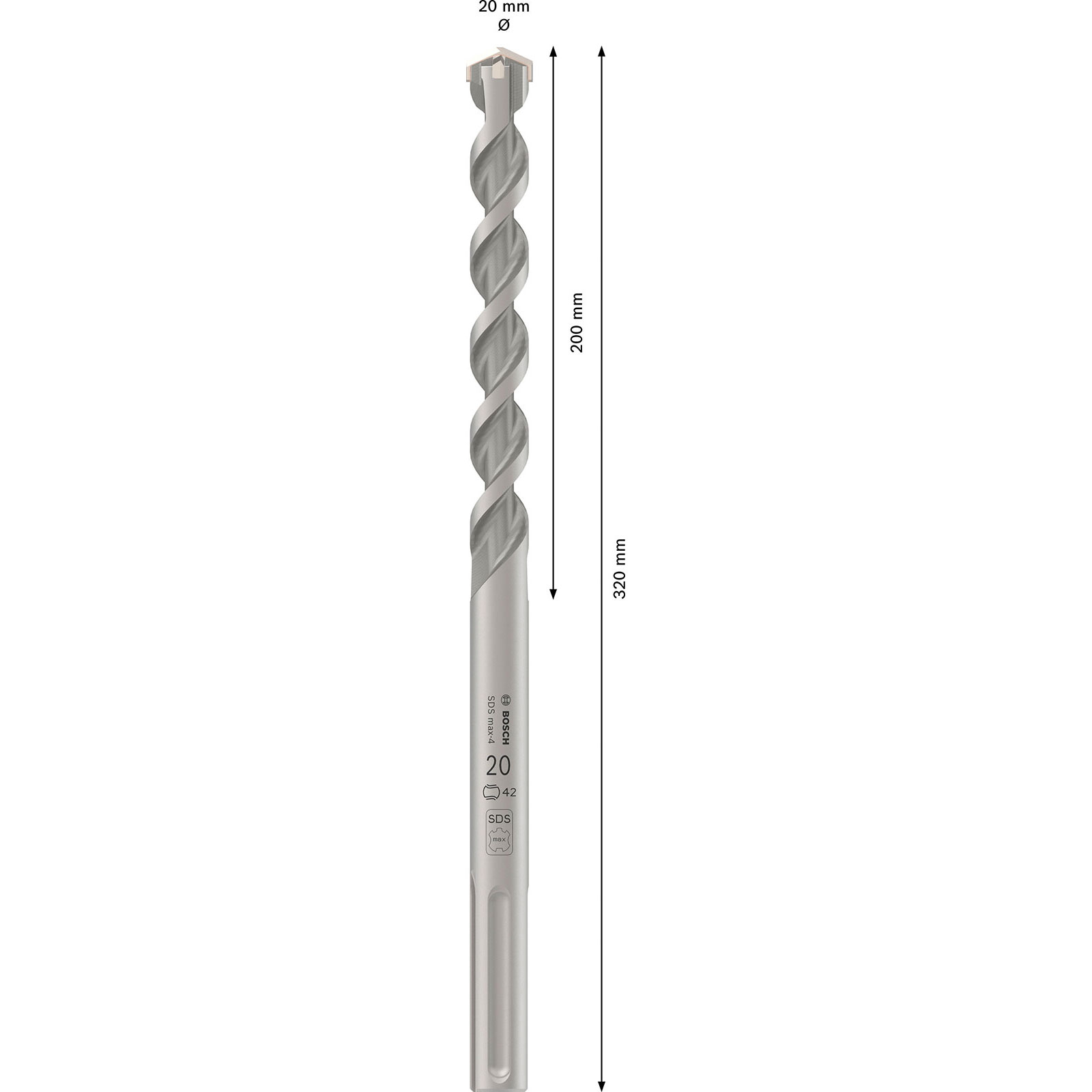 Bohrer mit 20 mm Durchmesser und 320 mm Länge, mit Bosch-Logo.